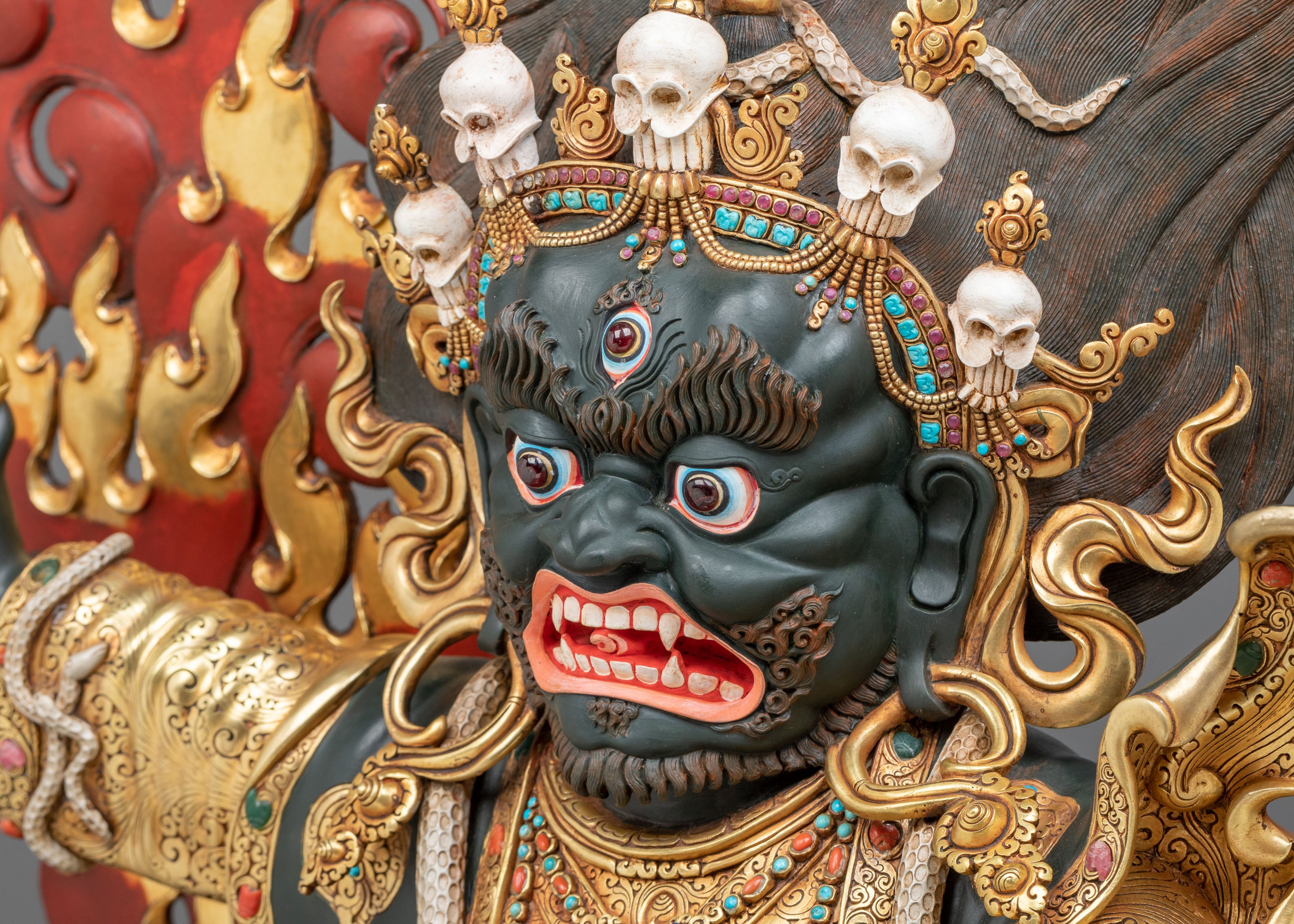 Mahakala Bernakchen Sacred Tibetan Sculpture | Gemstone-Adorned Copper Statue