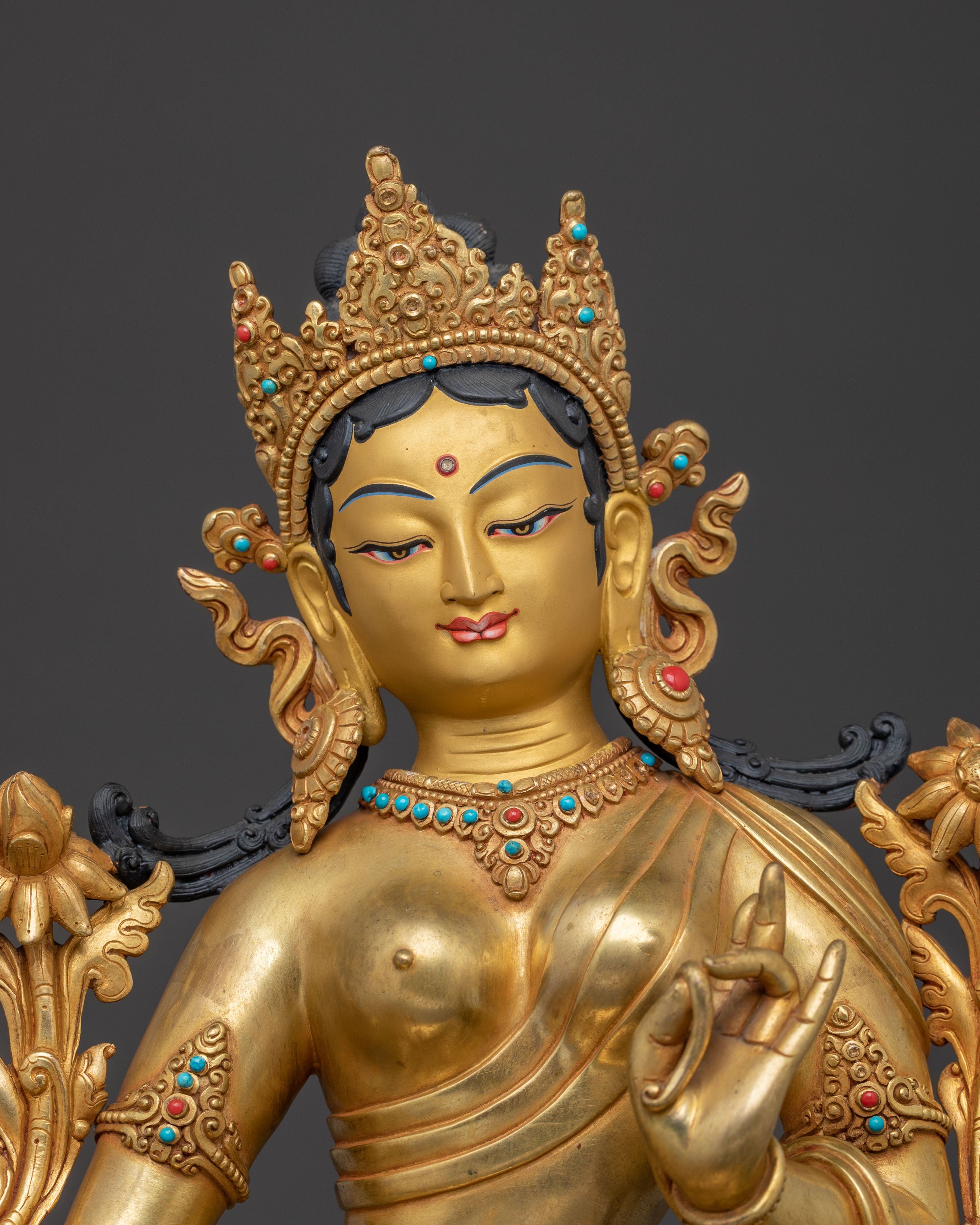 Divine Green Tara Golden Statue | 24k Gold Gilded Copper Figure
