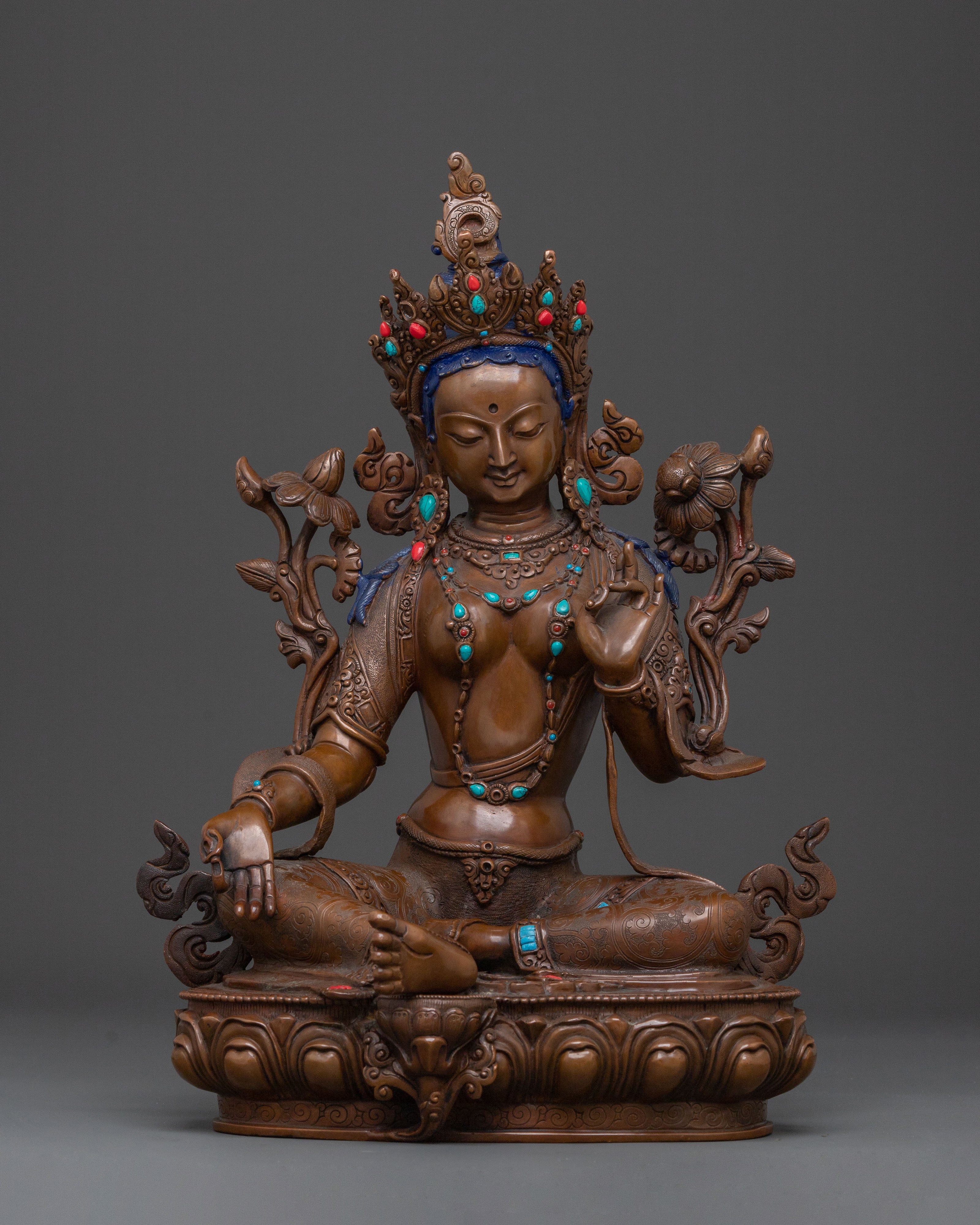 Green Tara Oxidized Copper Statue: Protector Goddess