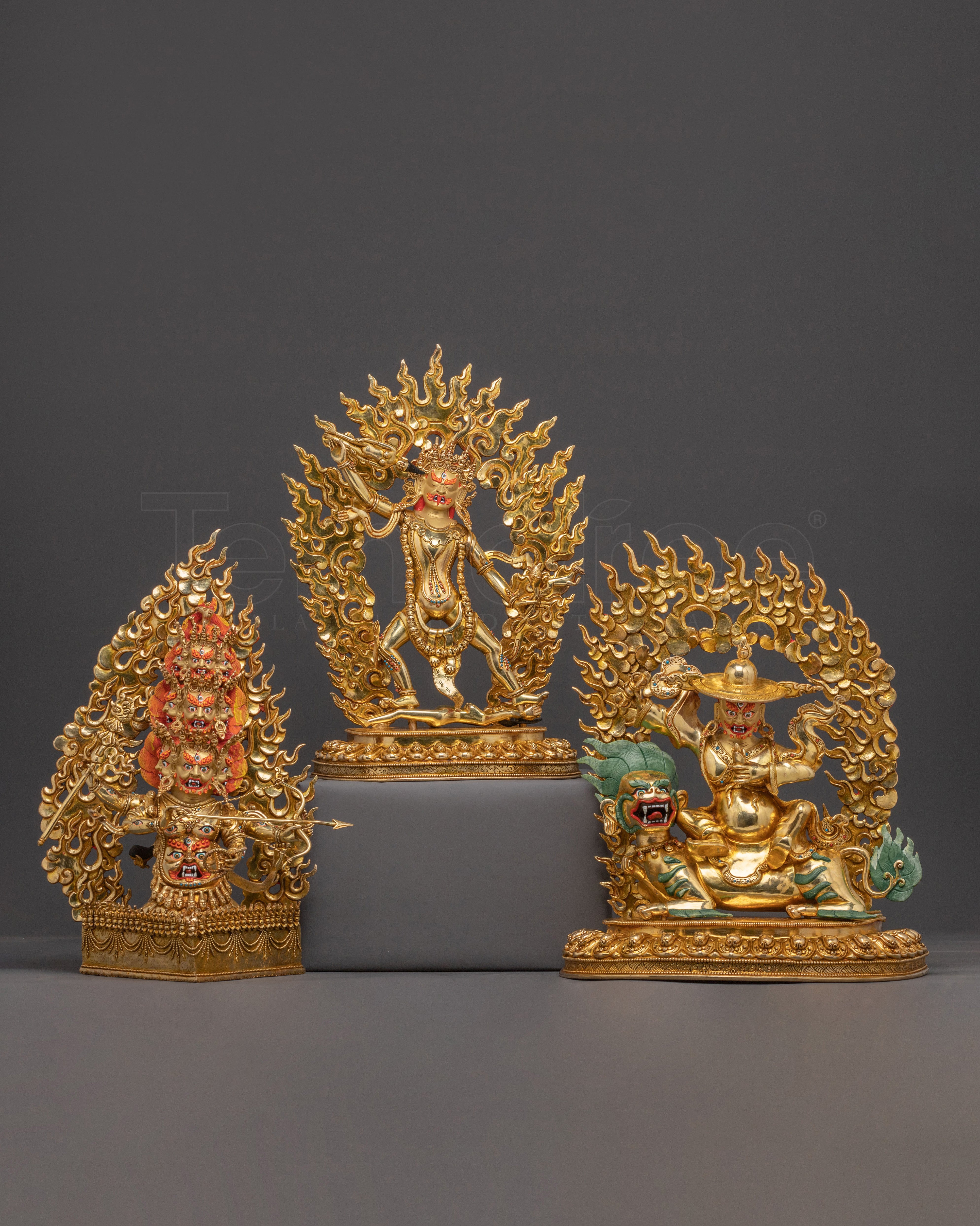 24K Gold Gilded Three Nyingma Protectors Statue – Masterpiece of Patan