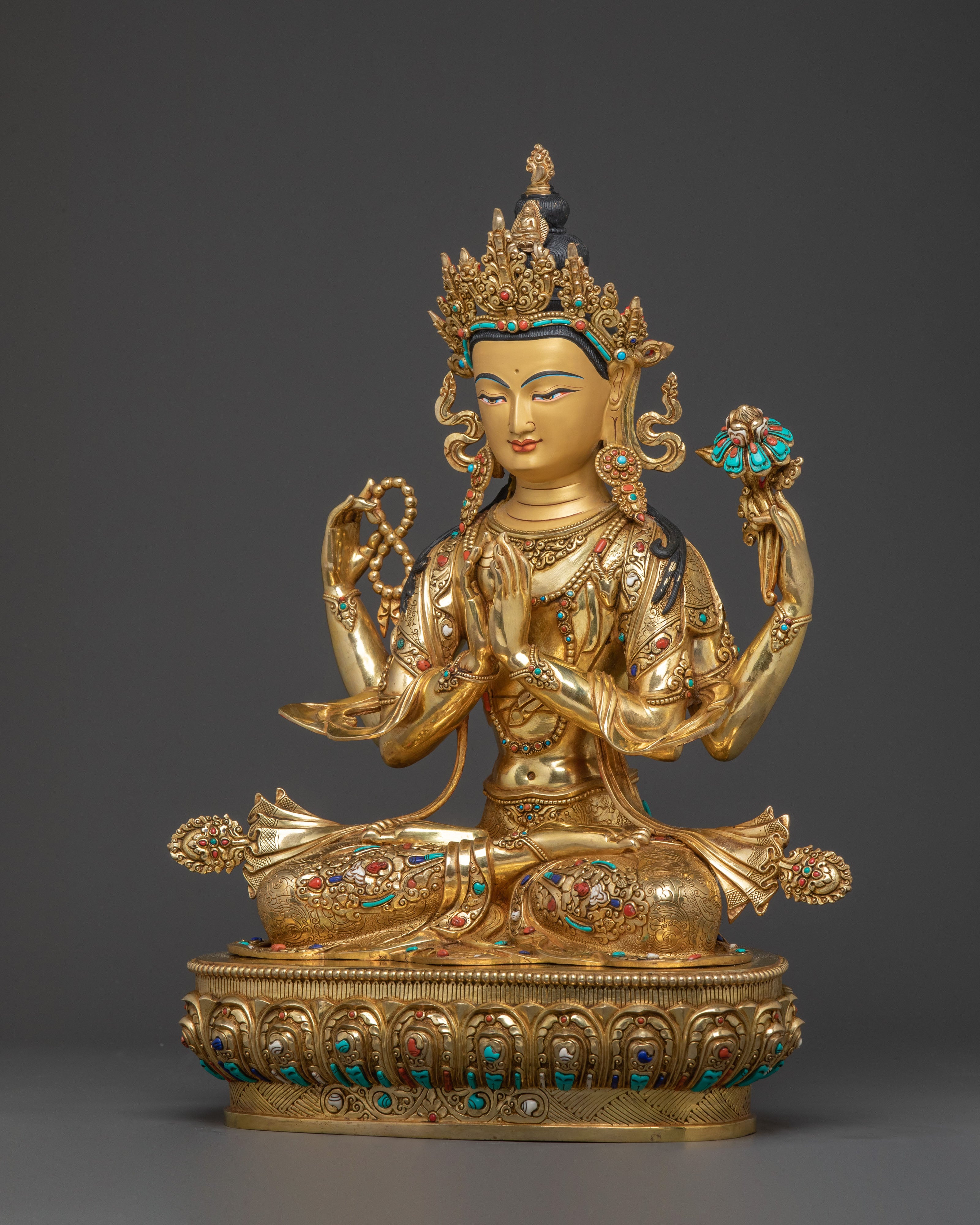 Buddhist Mercy Chenrezig Sculpture – Radiant 24K Gold Gilded Artistry