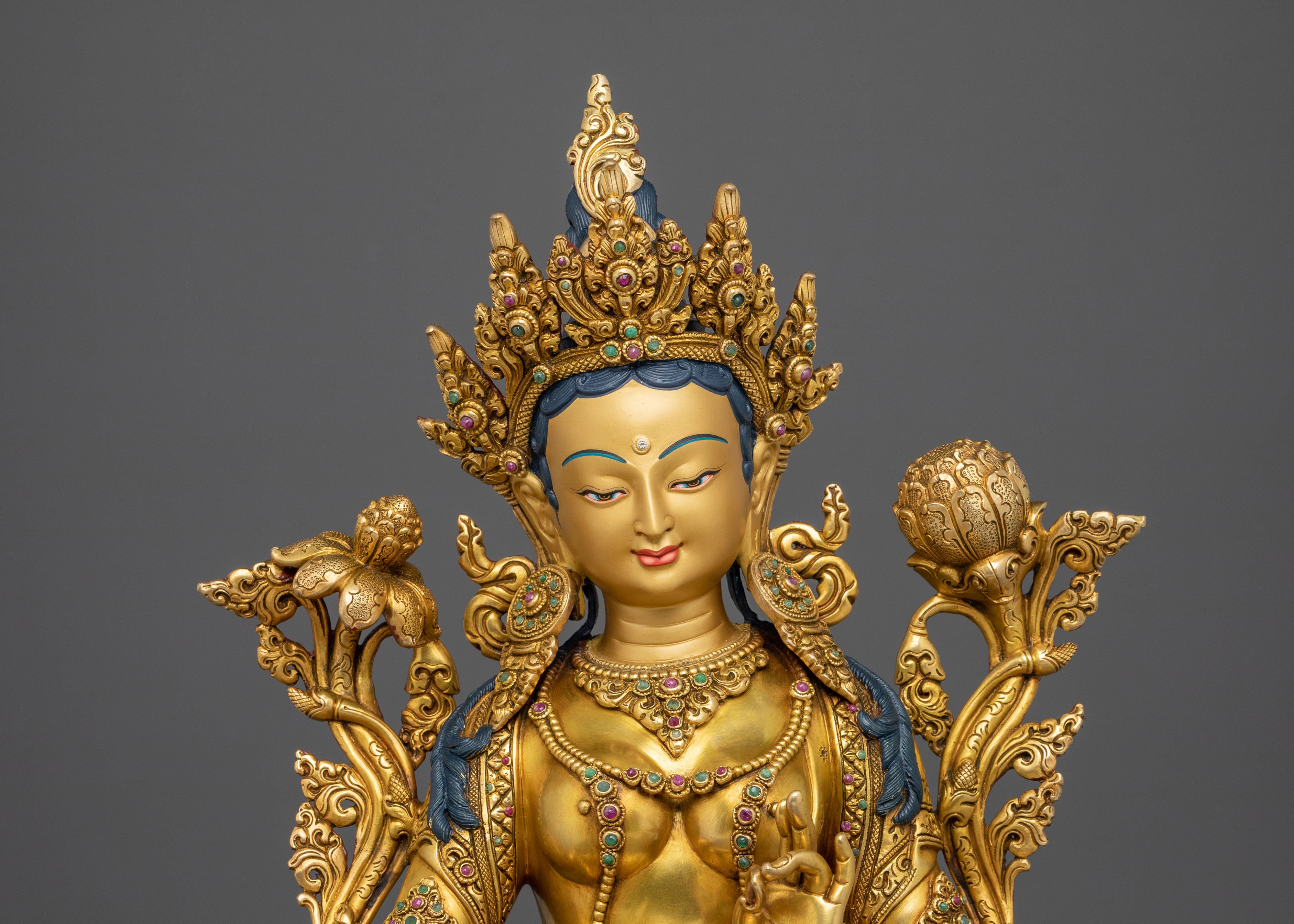 Tibetan Goddess Sculpture of Green Tara | 24K Gold Gilded Compassion Statue