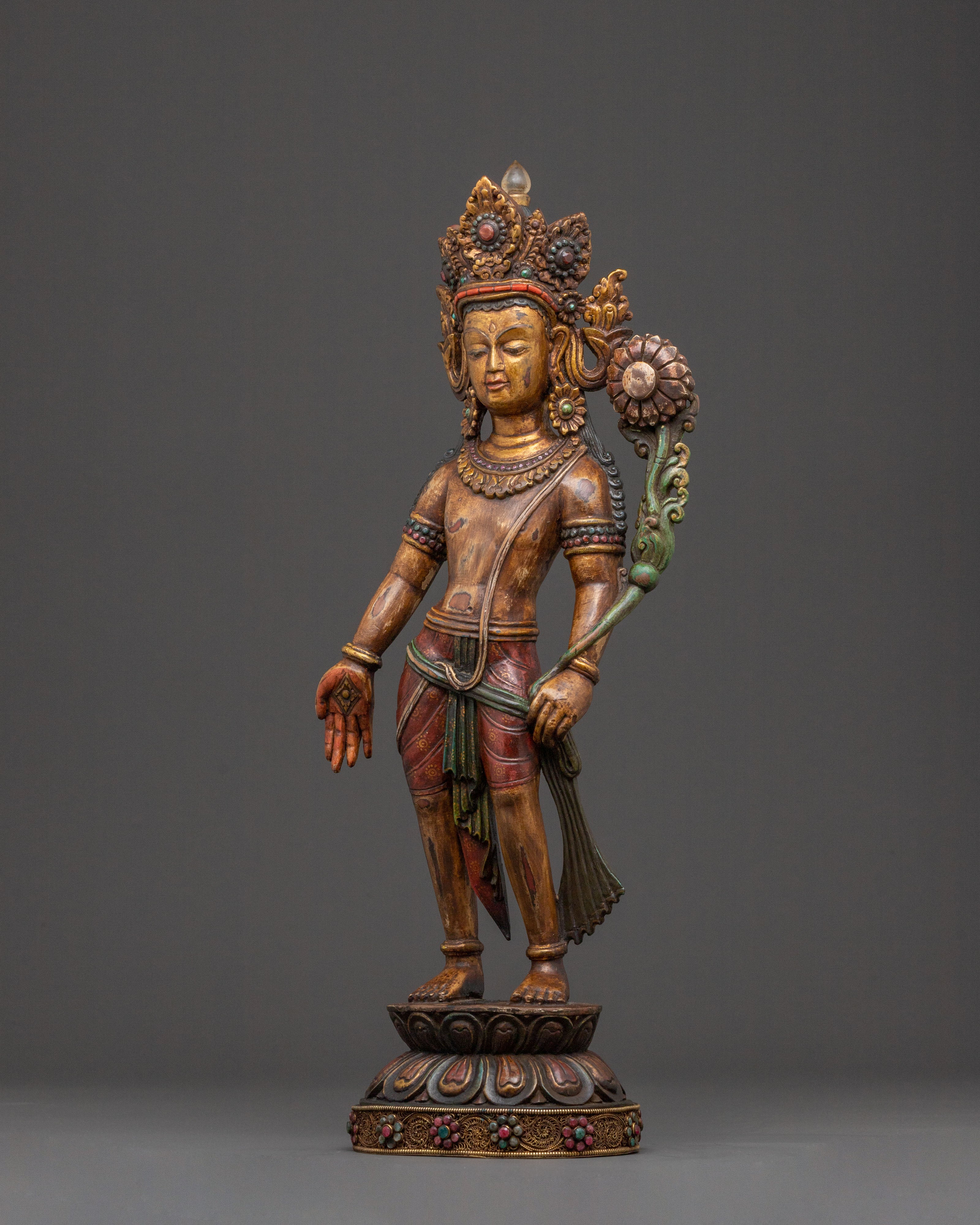 Lokeshwor Tibetan Sacred Statue: Antique Gold and Gemstone Artistry