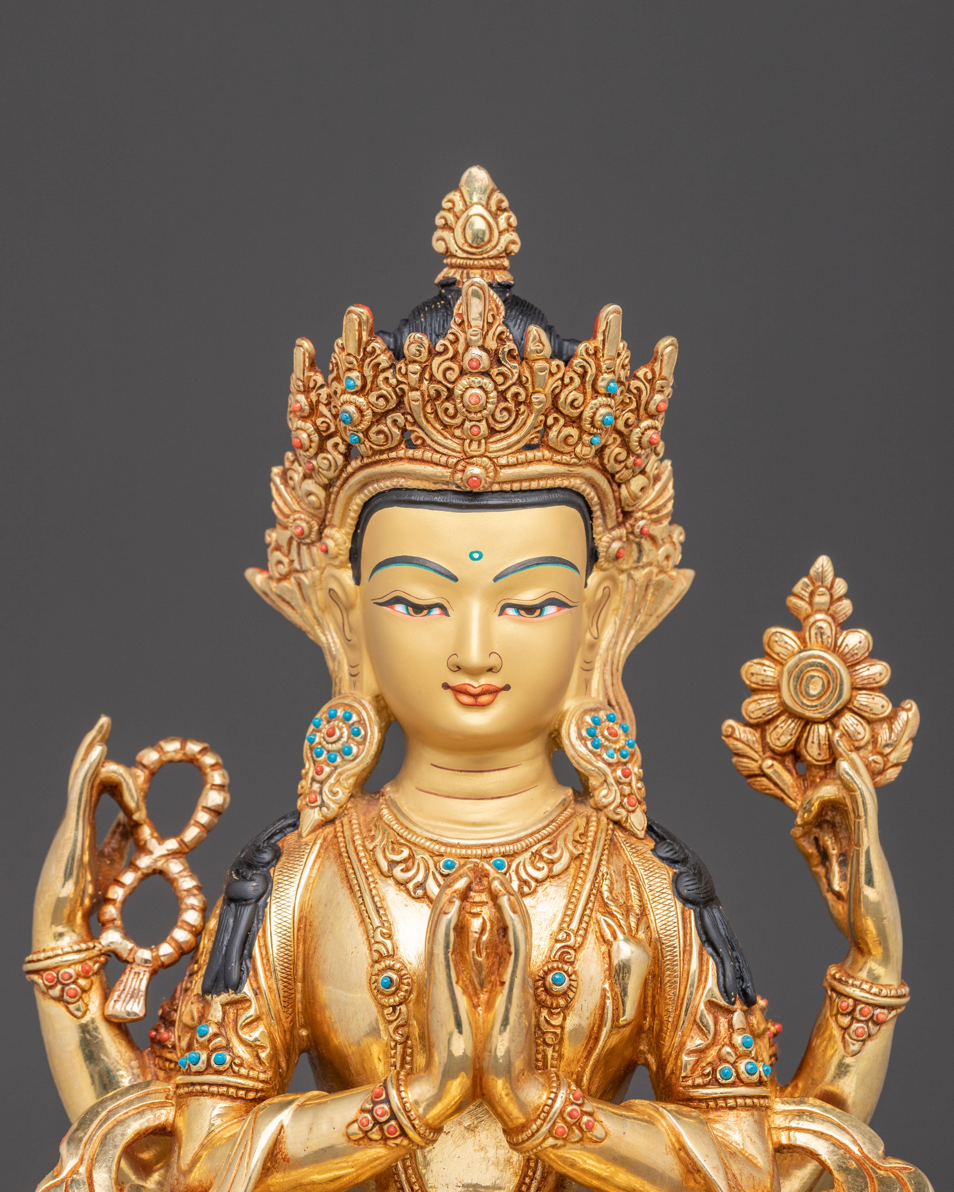 Handcrafted Golden Artwork of Four-Armed Chenrezig
