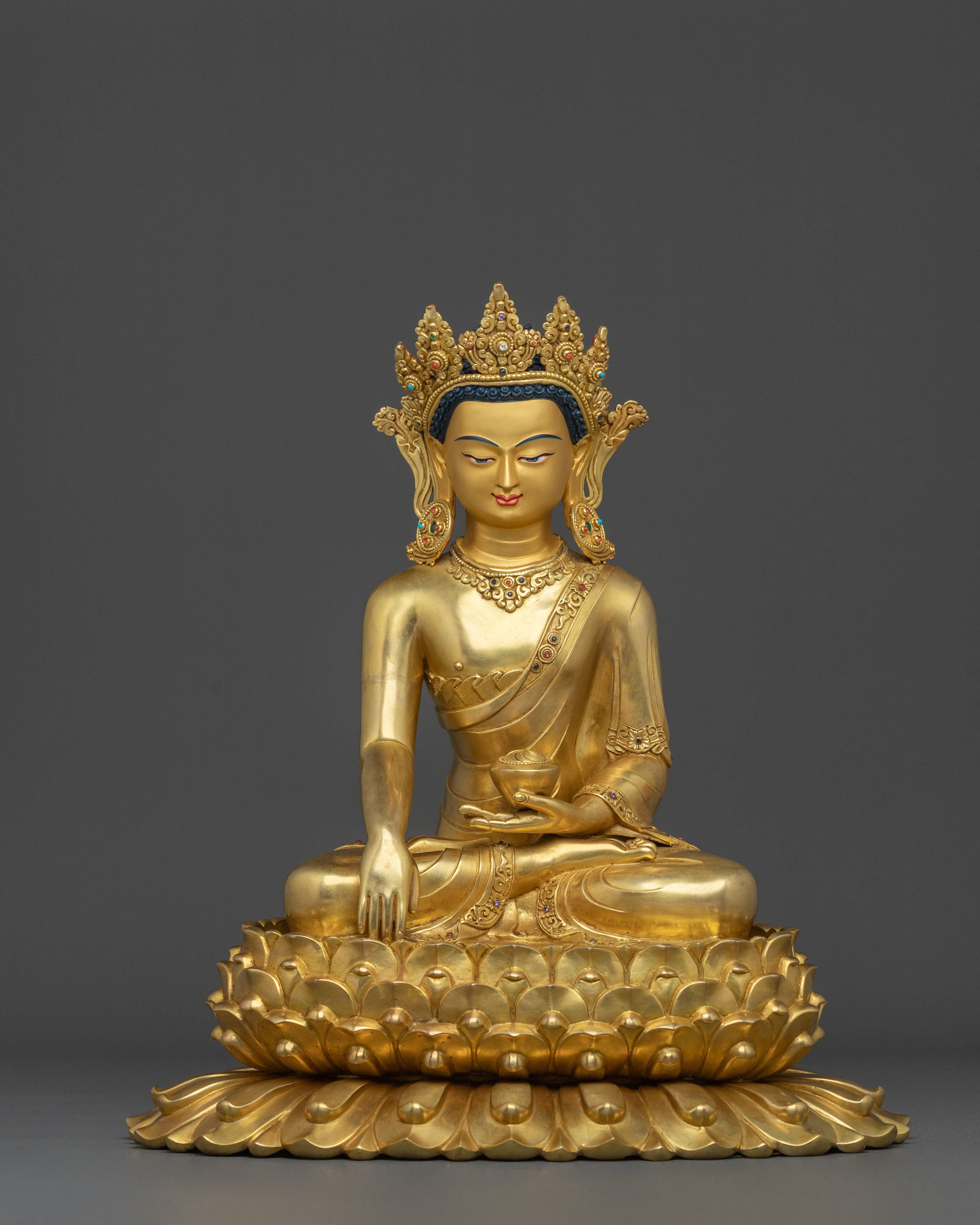 Crown Shakyamuni Buddha Statue: 24K Gold Glided Buddhist Statue