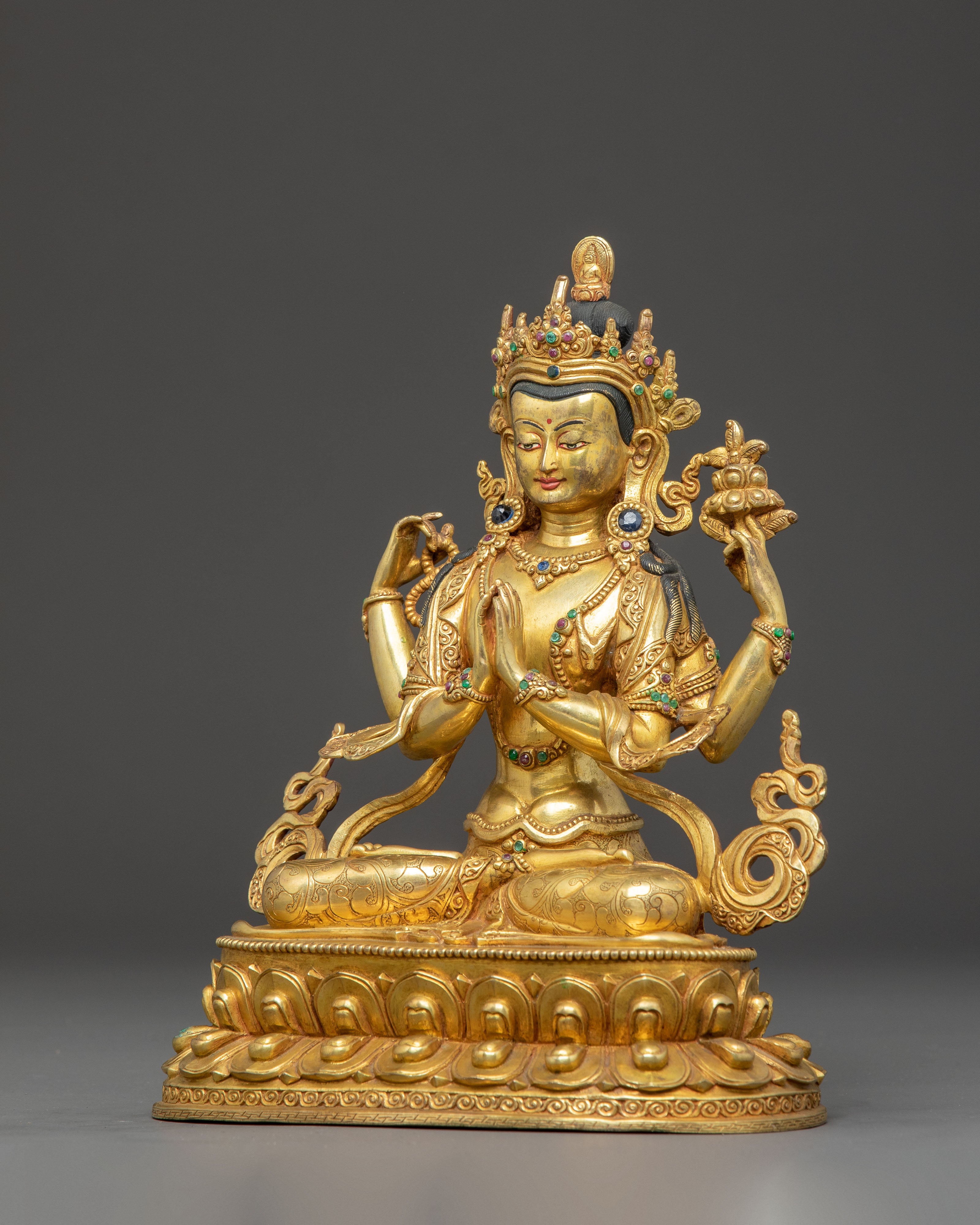 Handmade Chenrezig Copper Body Statue | Tibetan Deity of Compassion