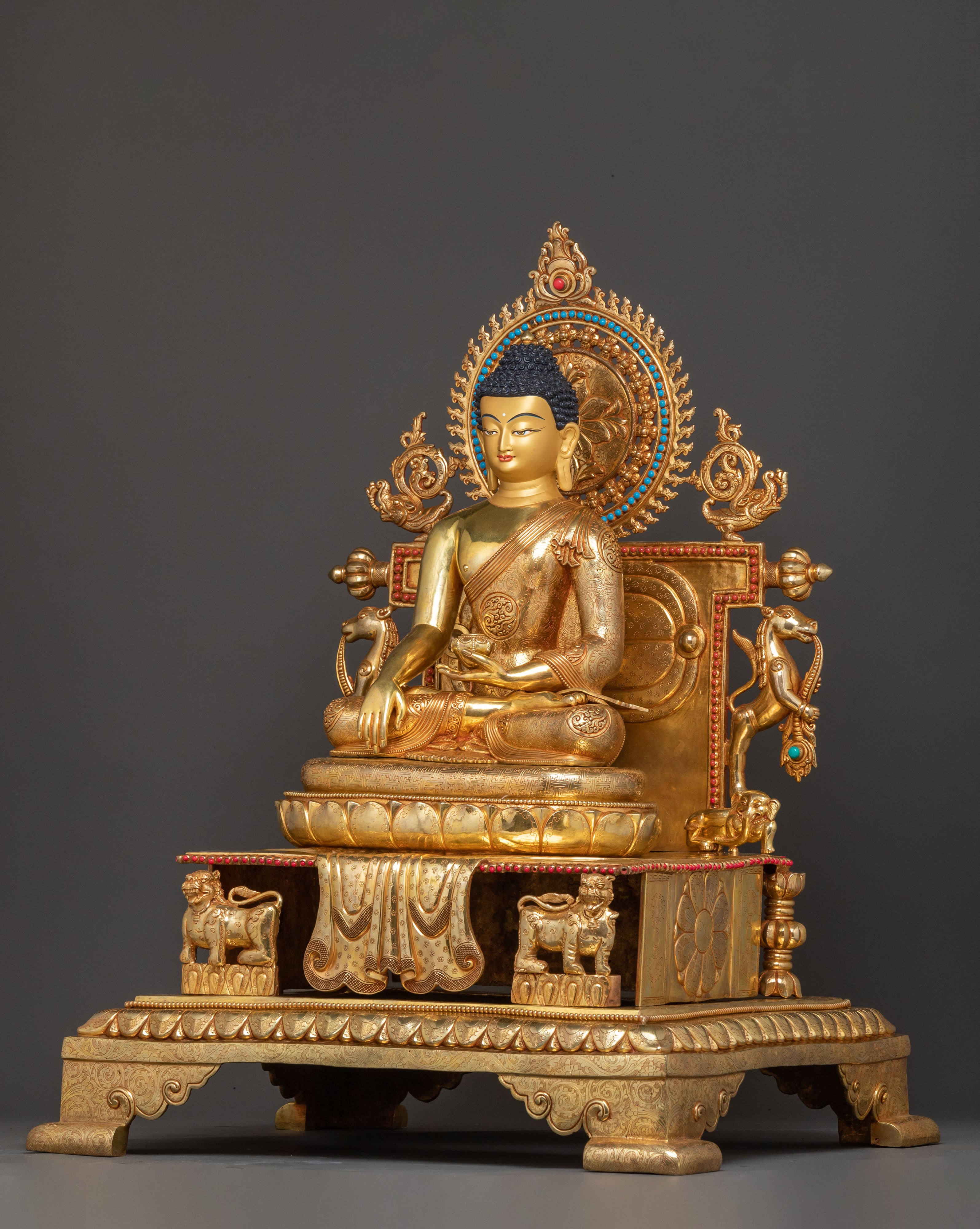 Sacred Statue of Shakyamuni Buddha in Throne – 24K Gold Gilded Artistry