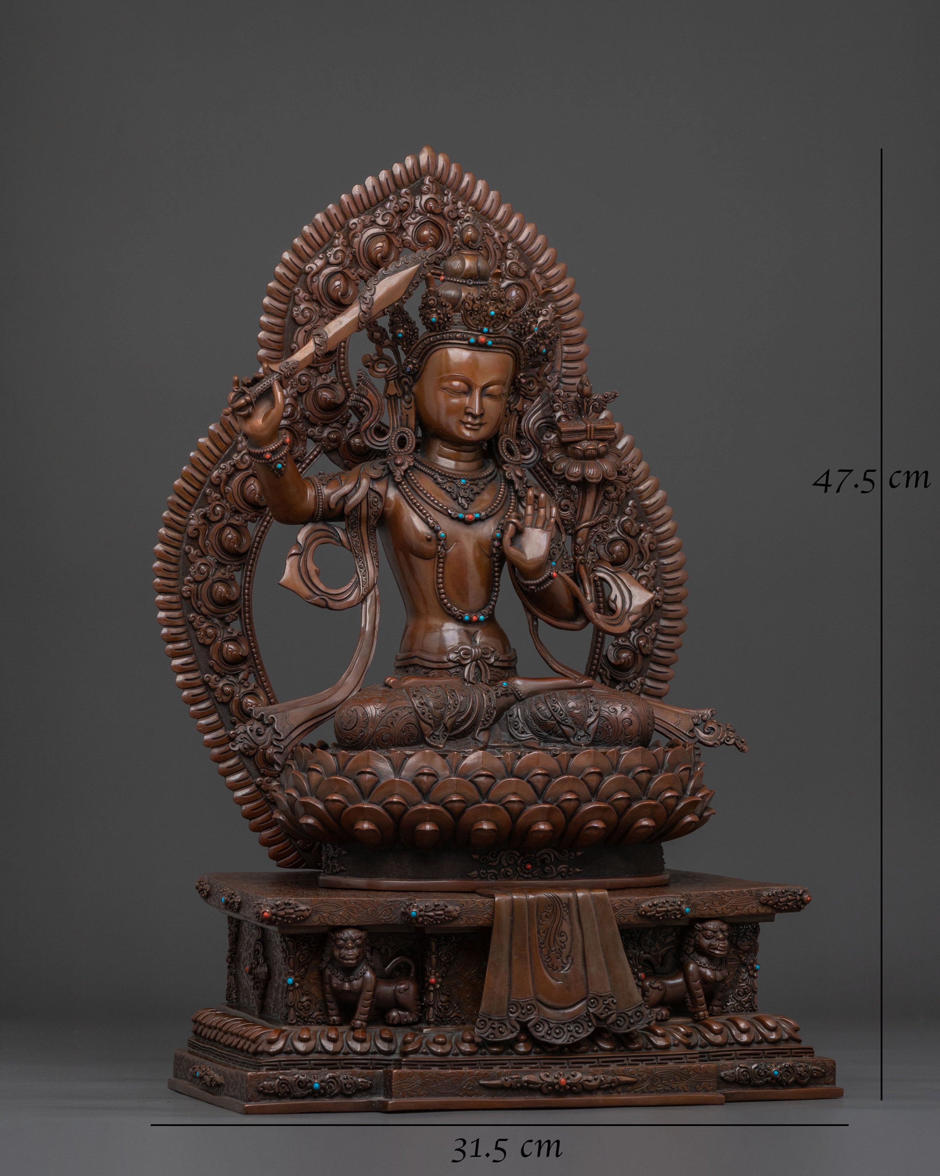 Manjushri Sculpture on Throne | Wisdom Deity with Flaming Sword