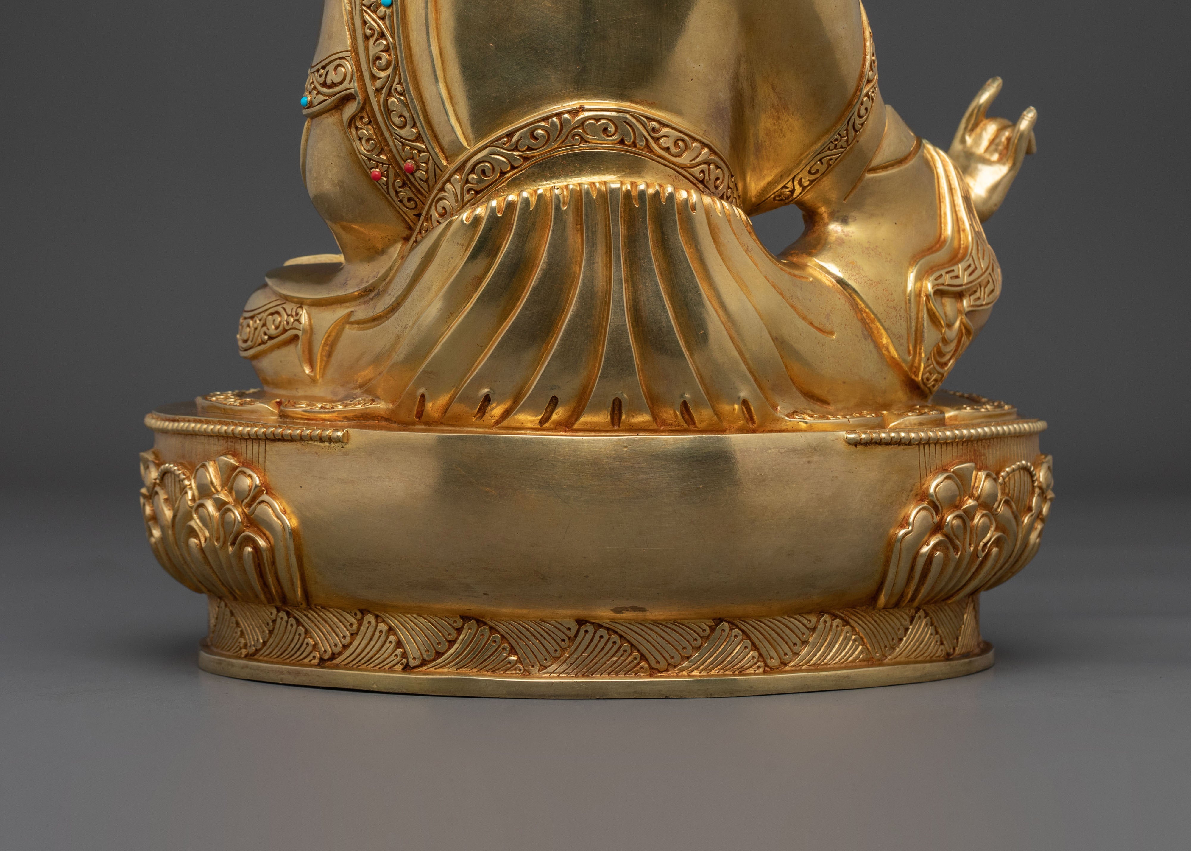 Buddhist Precious Figurine of Guru Rinpoche in Glimmering 24K Gold