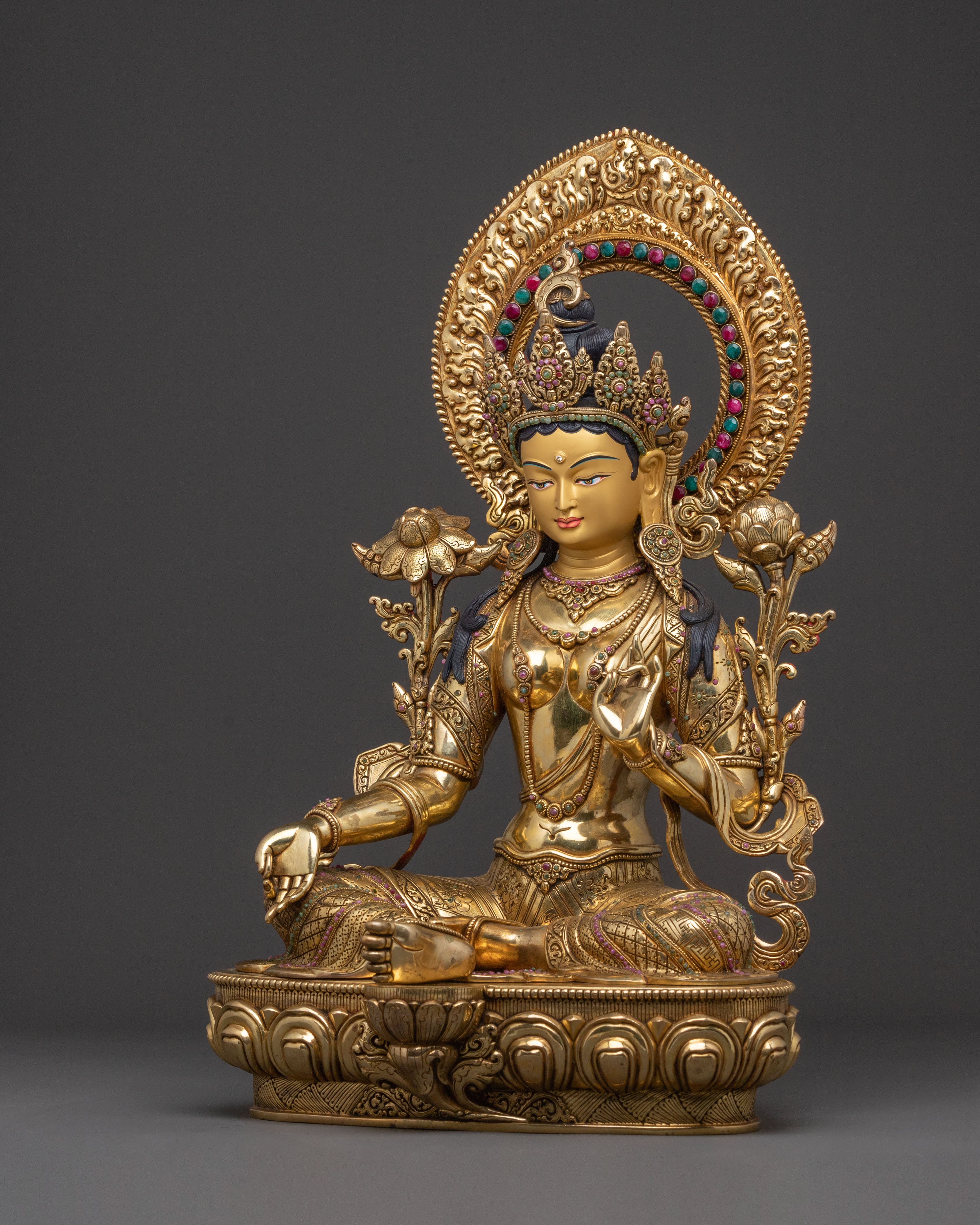Sacred Statue of Green Tara: Exquisite 24K Gold Gilded