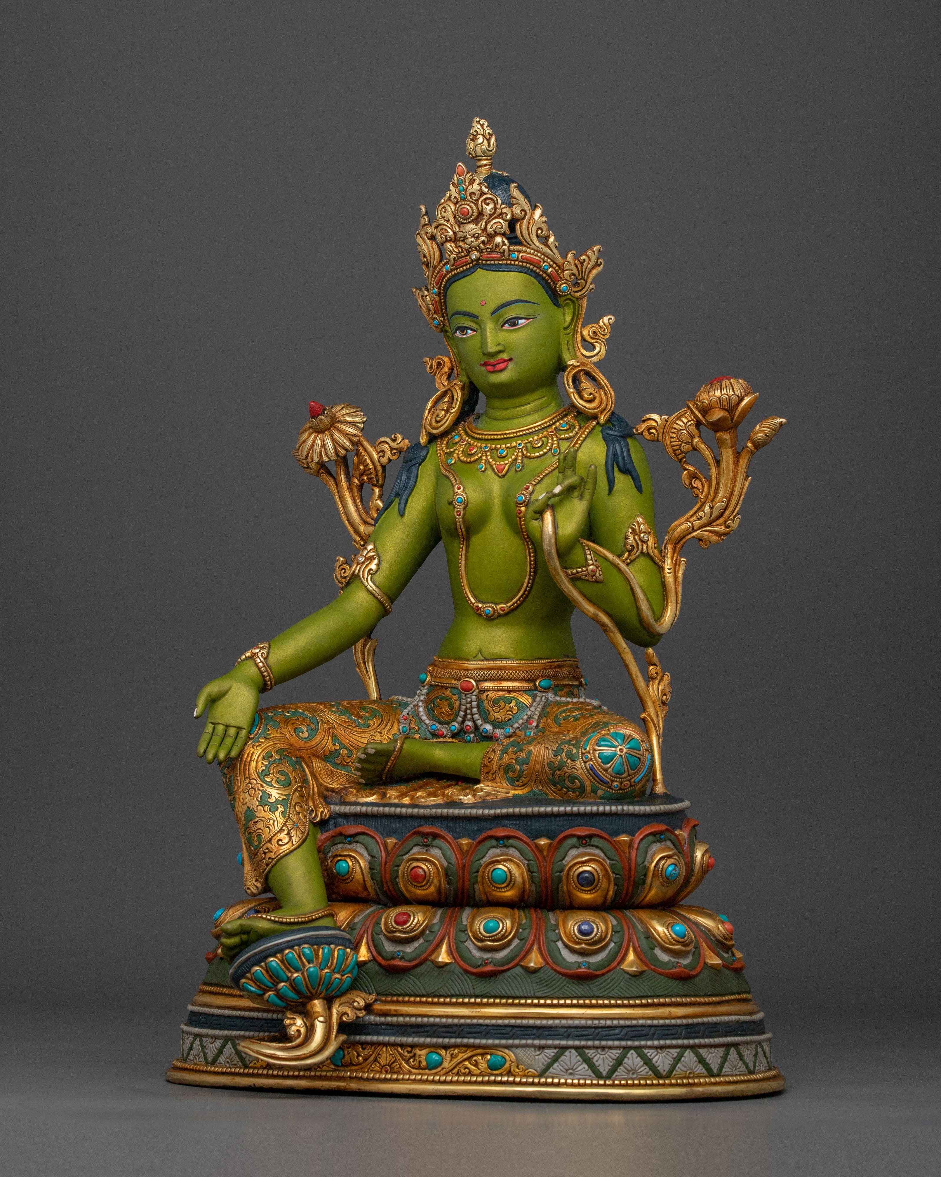 Green Tara Statue | Handcrafted 24K Gold Gilded Sculpture