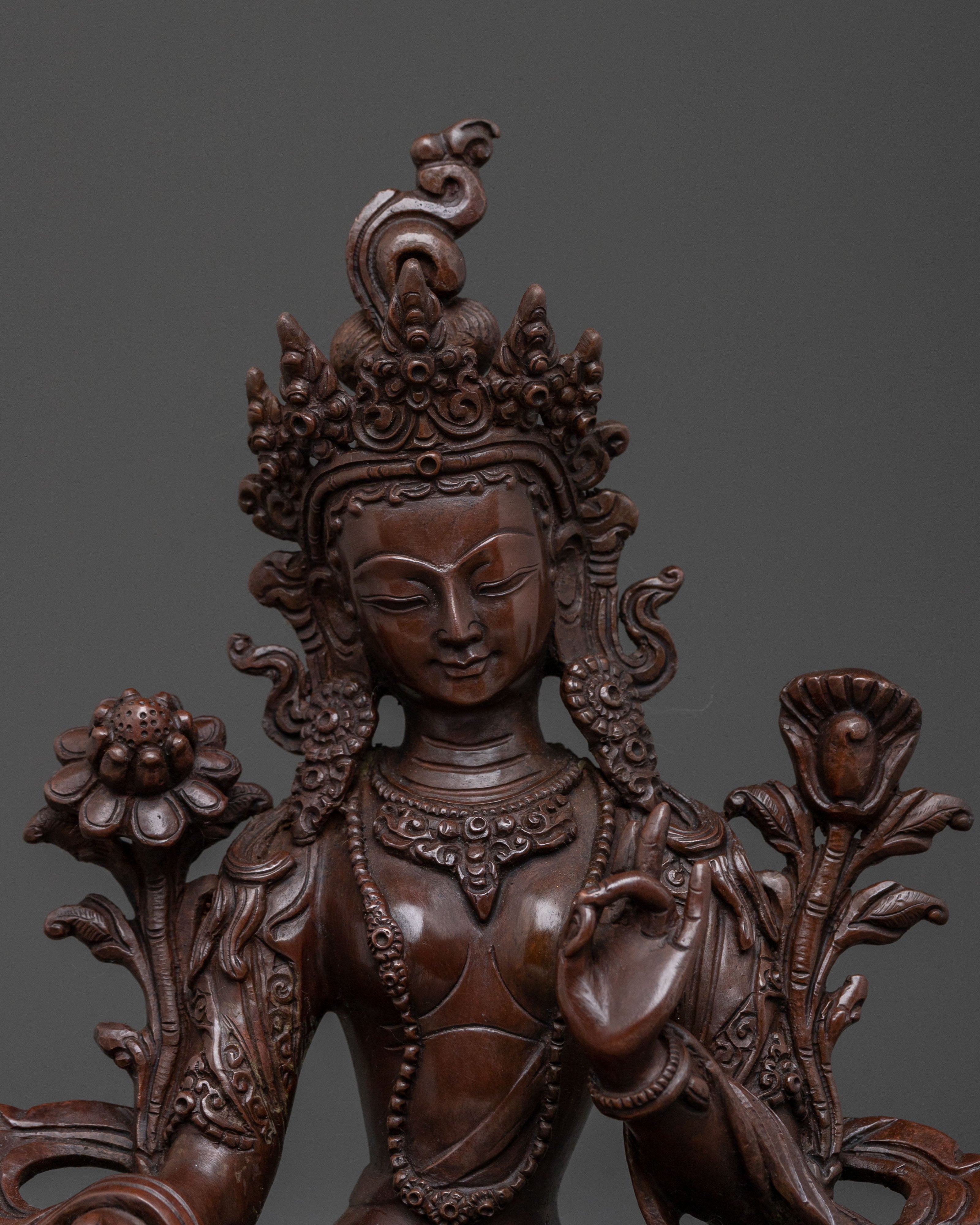 Green Tara Statue | Serene Oxidized Copper Figure