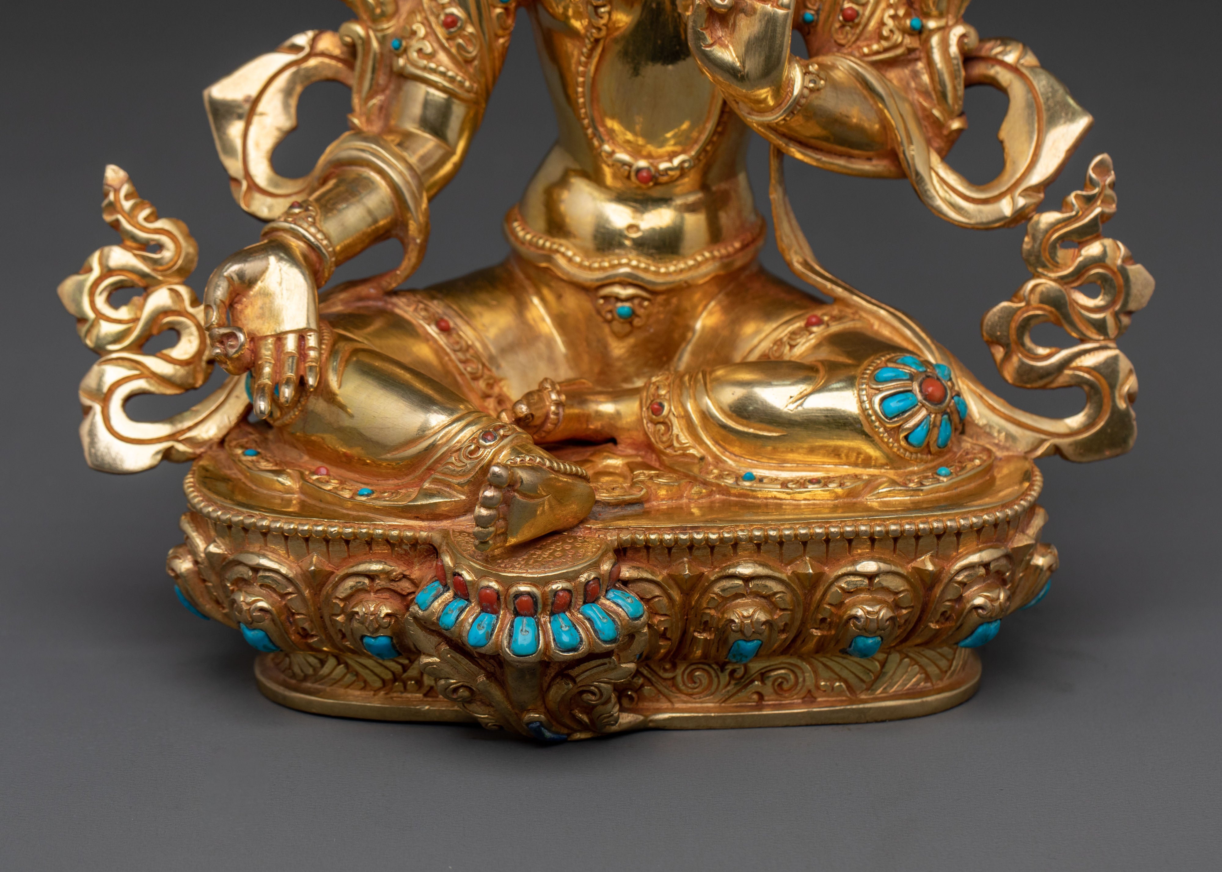 Green Tara 24K Gold Gilded Statue | Himalayan Artistry