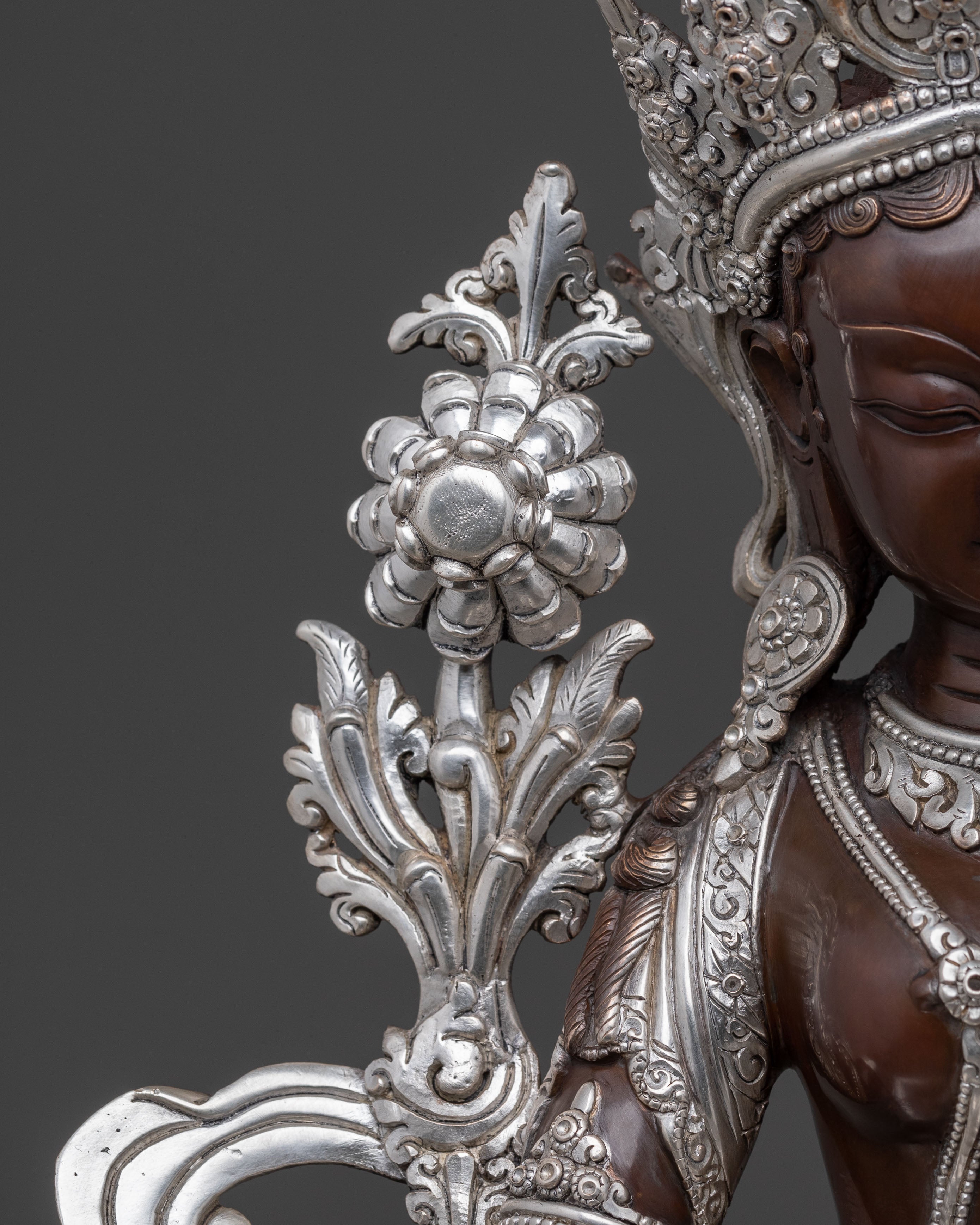 Green Tara: Oxidized Copper Statue with Silver Plated