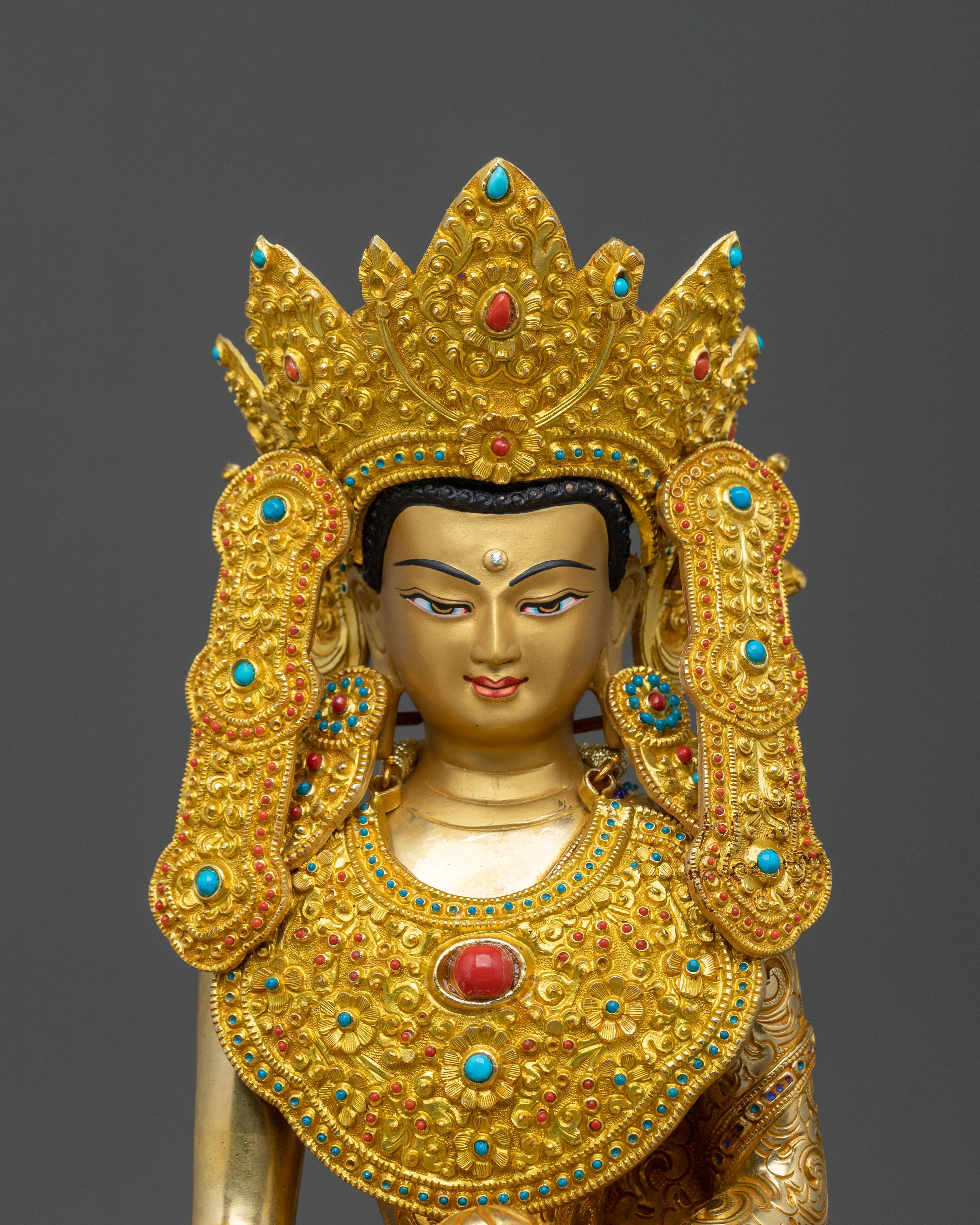 Handcrafted Crown Shakyamuni Buddha Spiritual Sculpture in 24K Gold