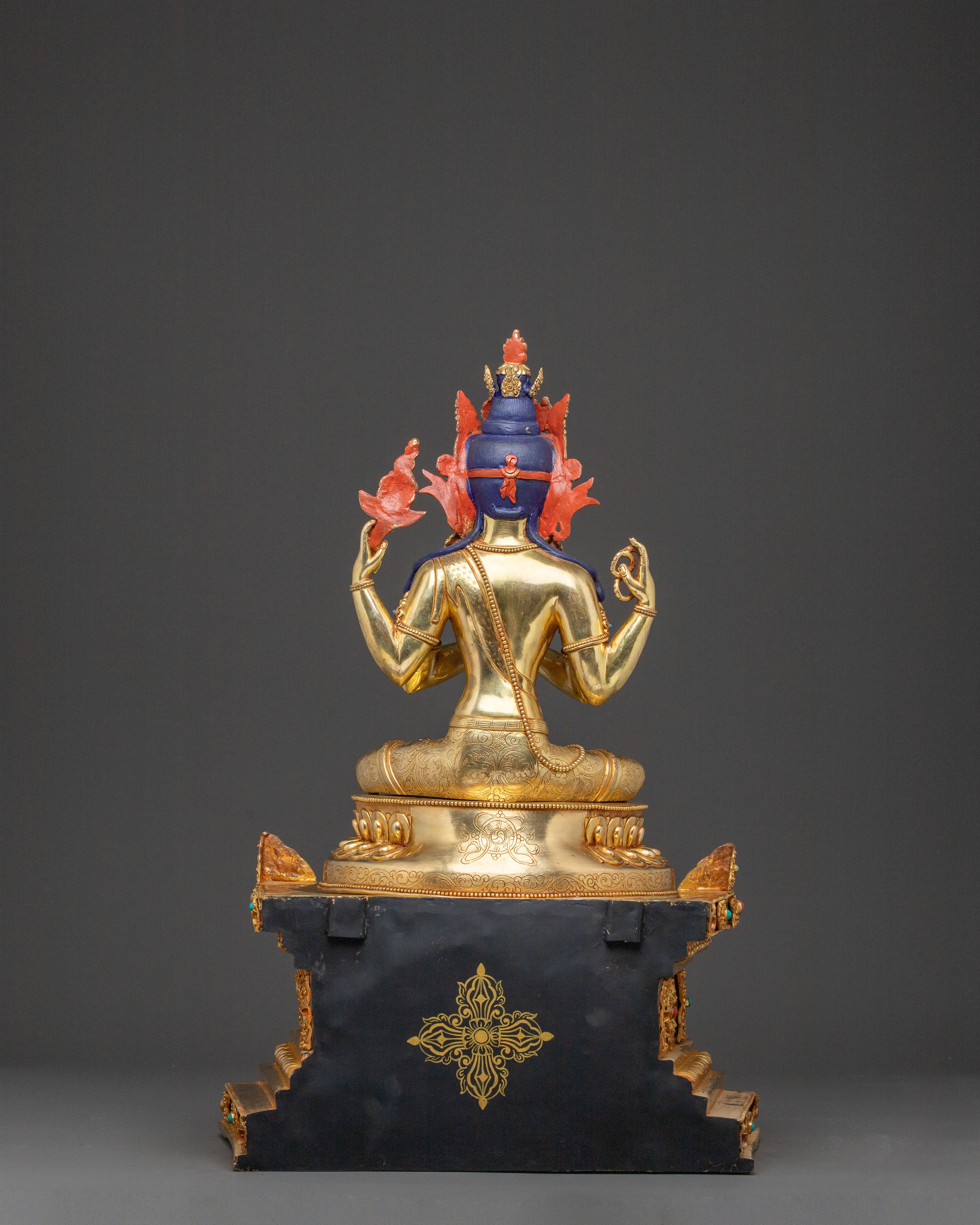 Sacred Statue of Chenrezig on Throne - Handcrafted Sacred Figure