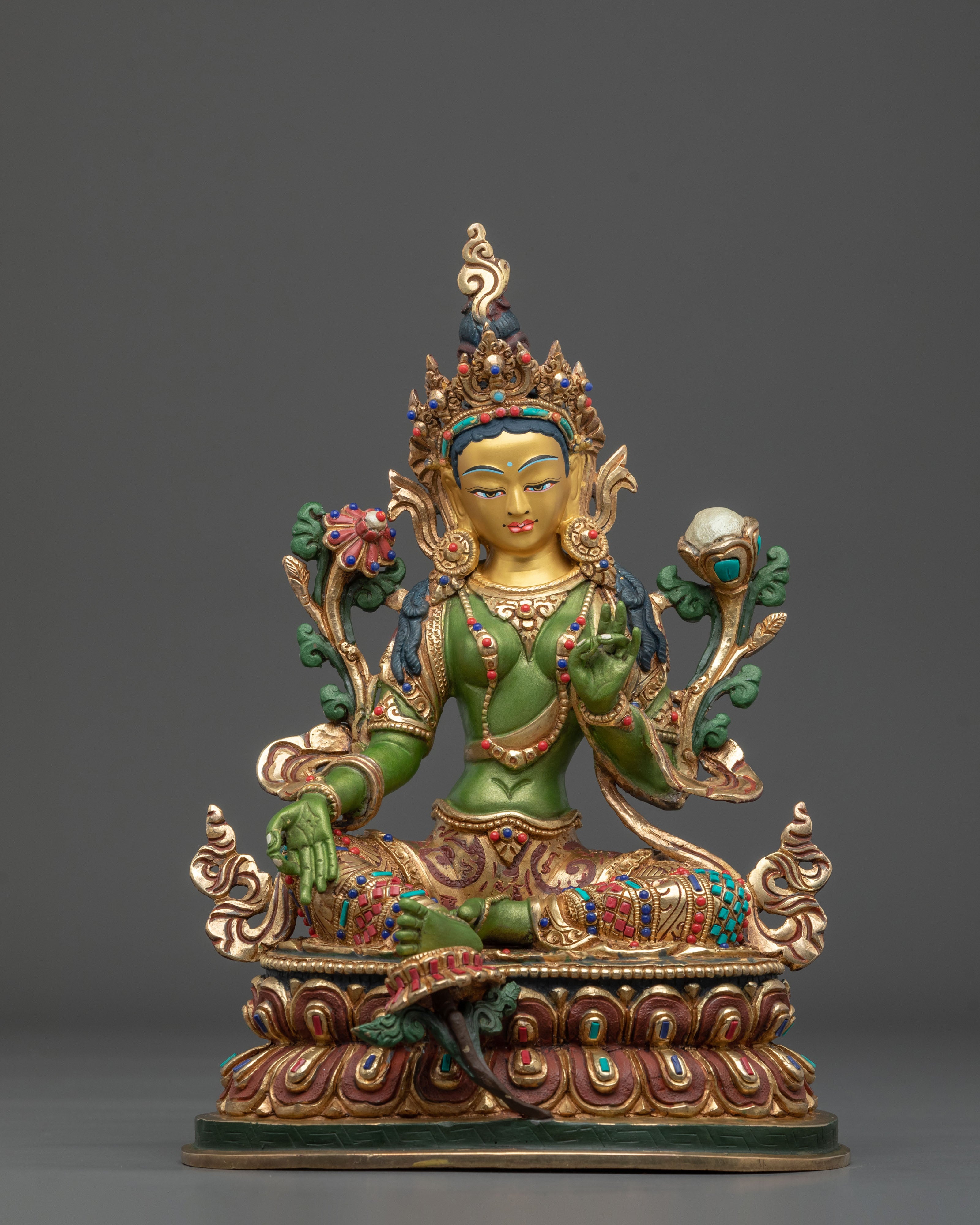 Green Tara 24K Gold Gilded Statue | Goddess of Compassion and Protection