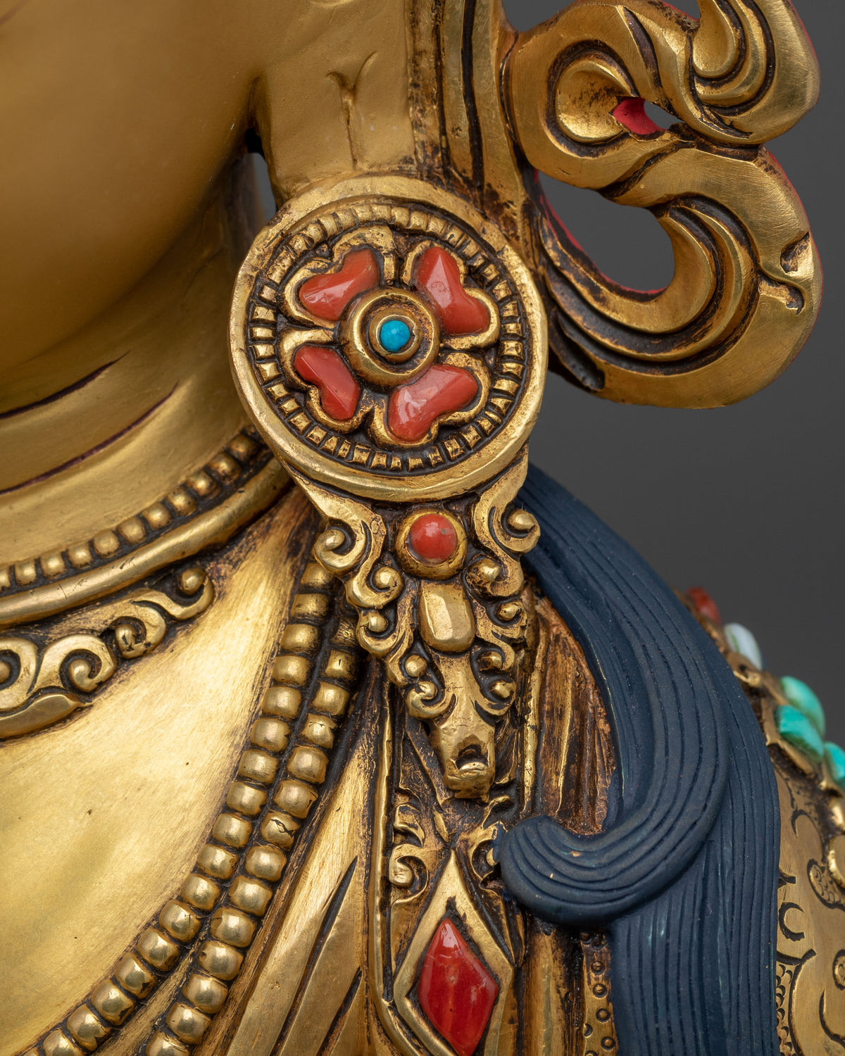 24K Gold Gilded Copper Amitayus Statue with Gemstones | Buddha of Infinite Life