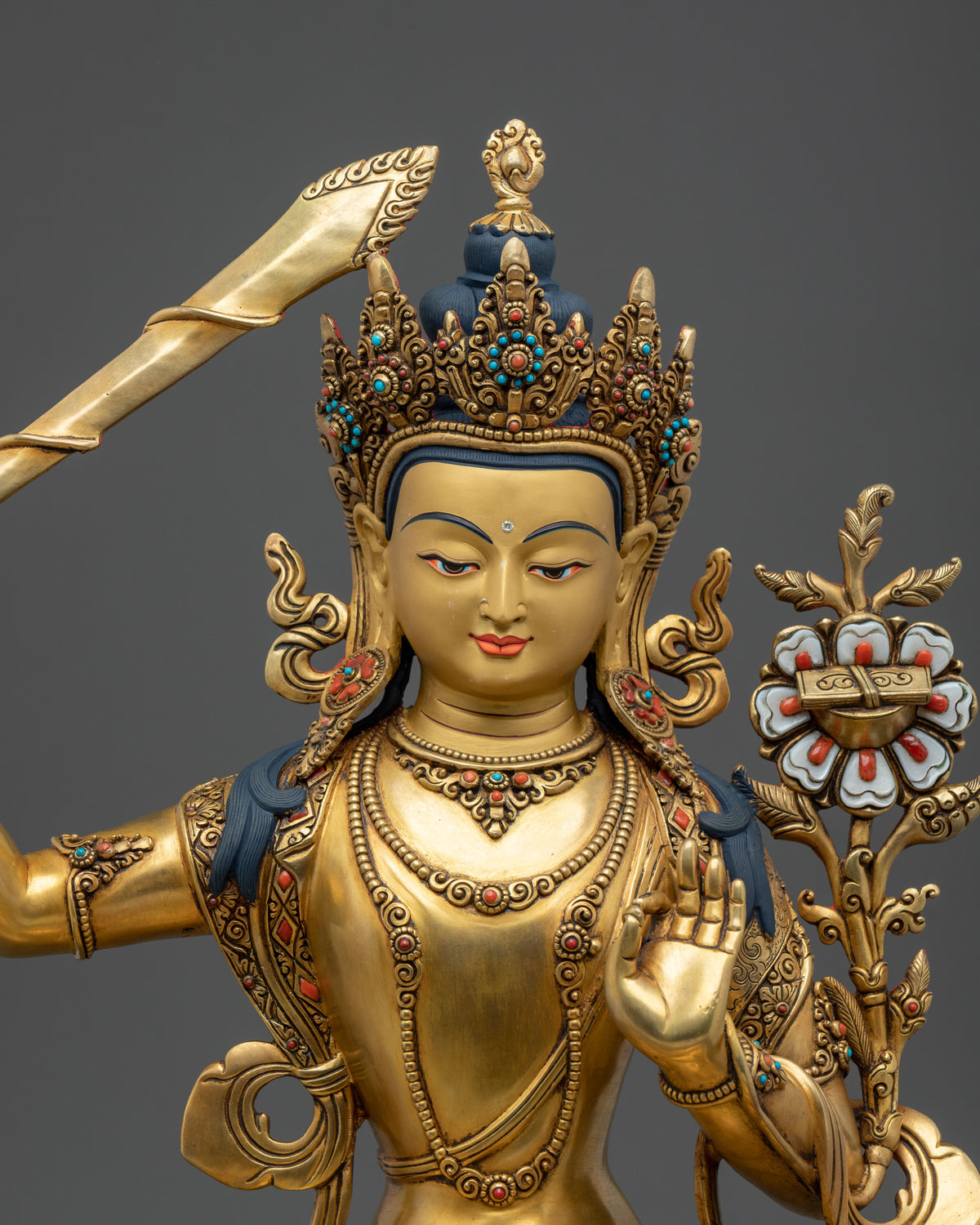 Manjushri Sacred Copper Statue | 24K Gold Gilded Wisdom Bodhisattva Sculpture