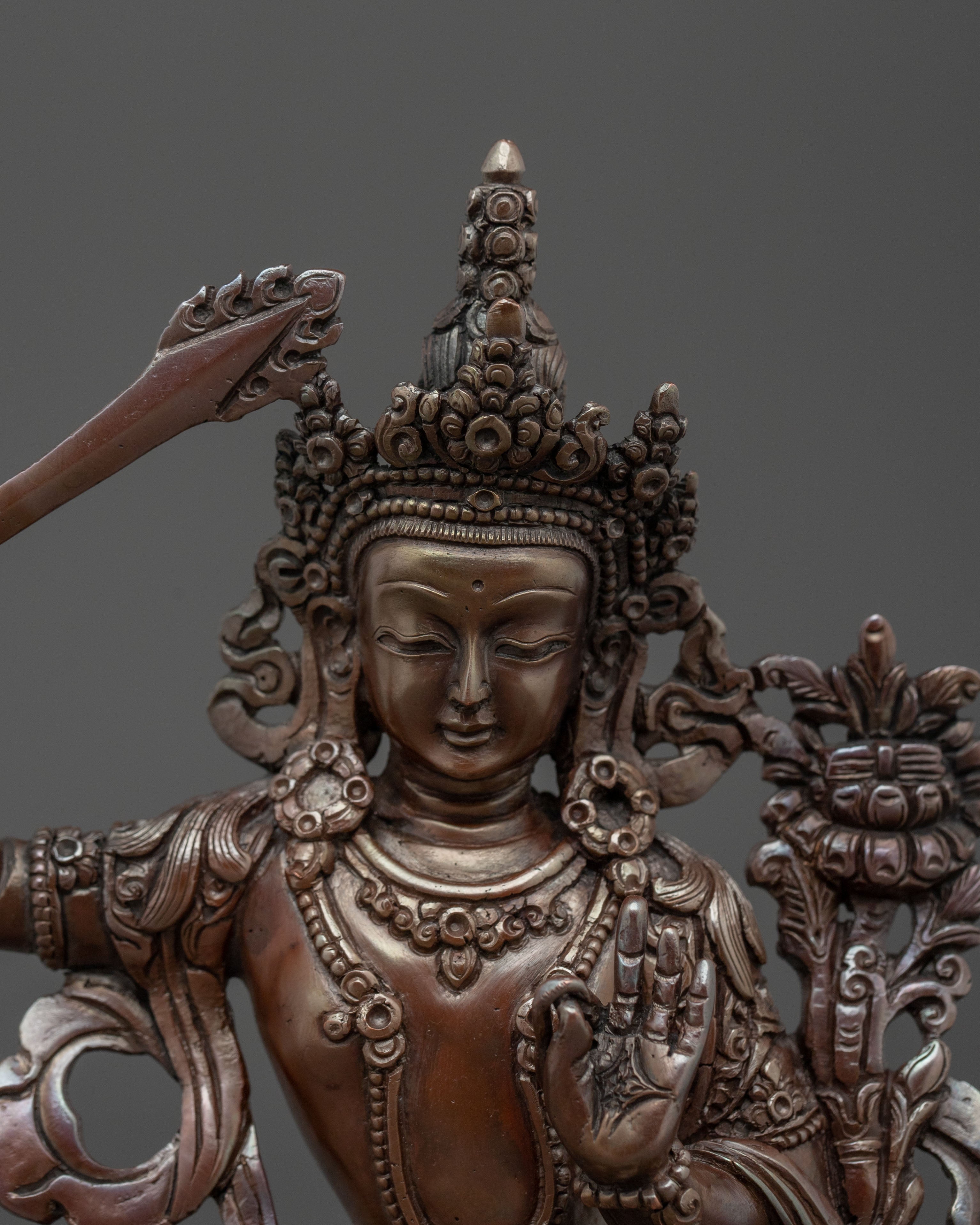 Manjushri Tibetan Buddhist Sculpture in Oxidized Copper