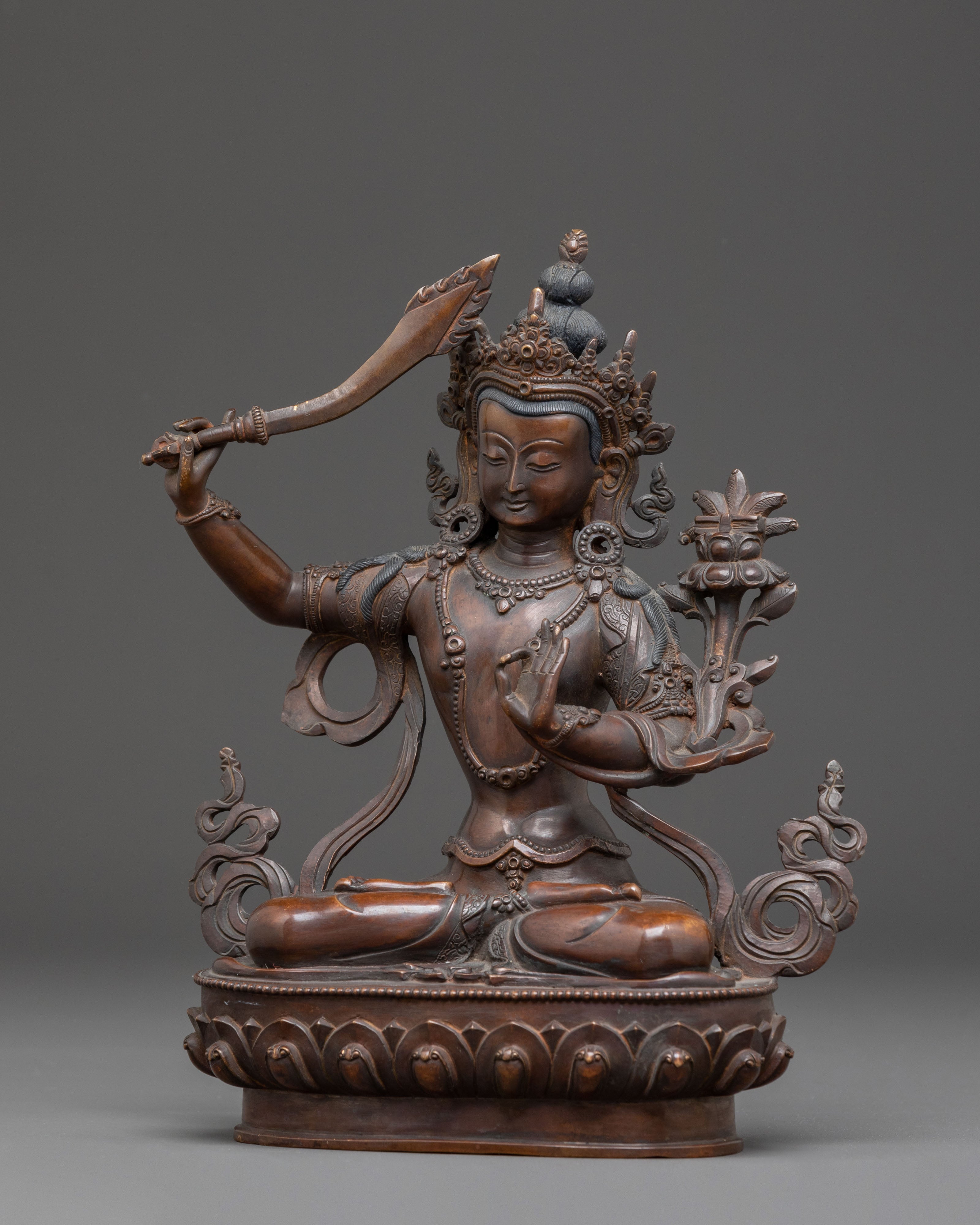 Handcrafted Manjushri Statue of Wisdom | Antique Copper Finish