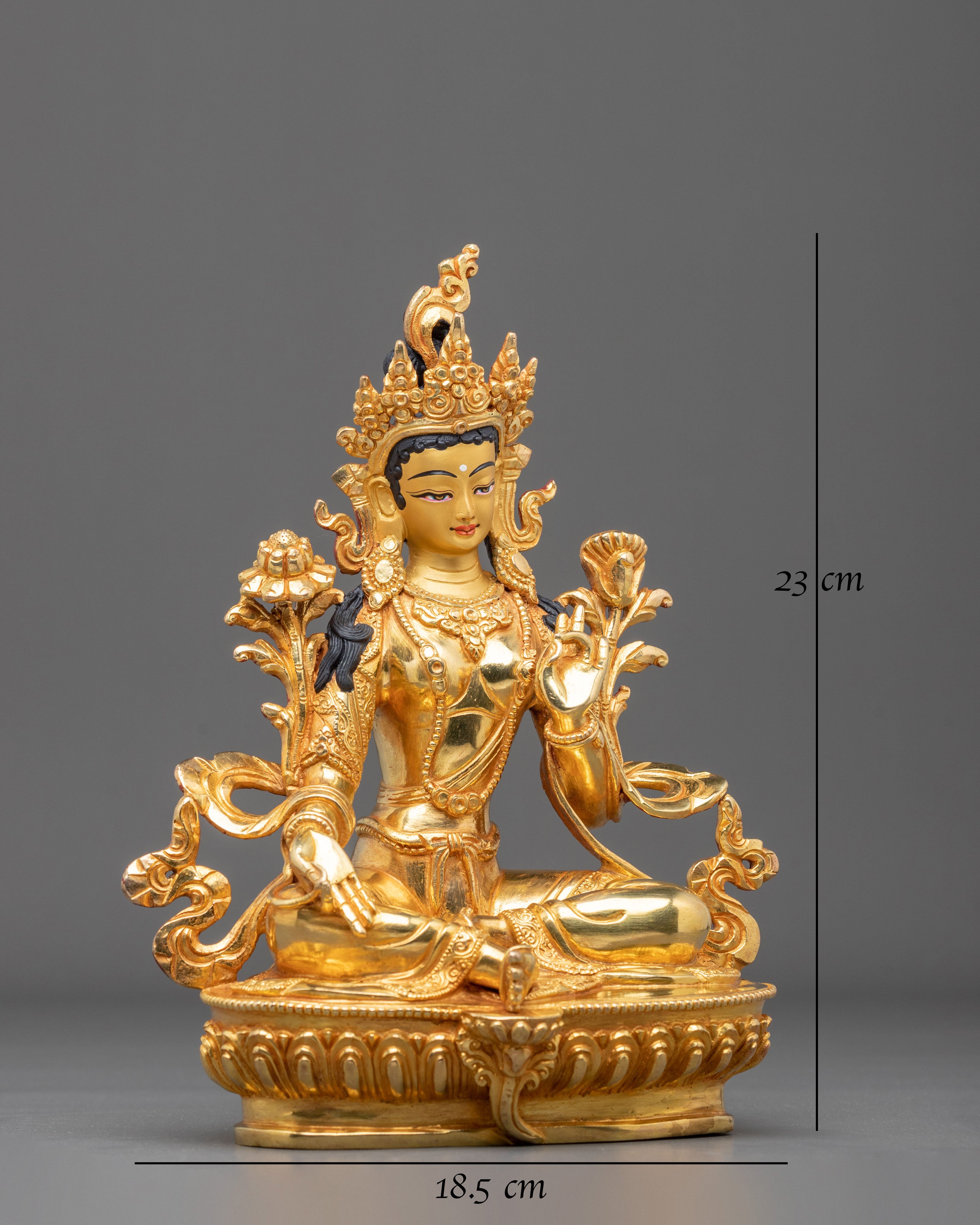 Buddhist Green Tara Meditation Statue in 24K Gold Gilded Copper
