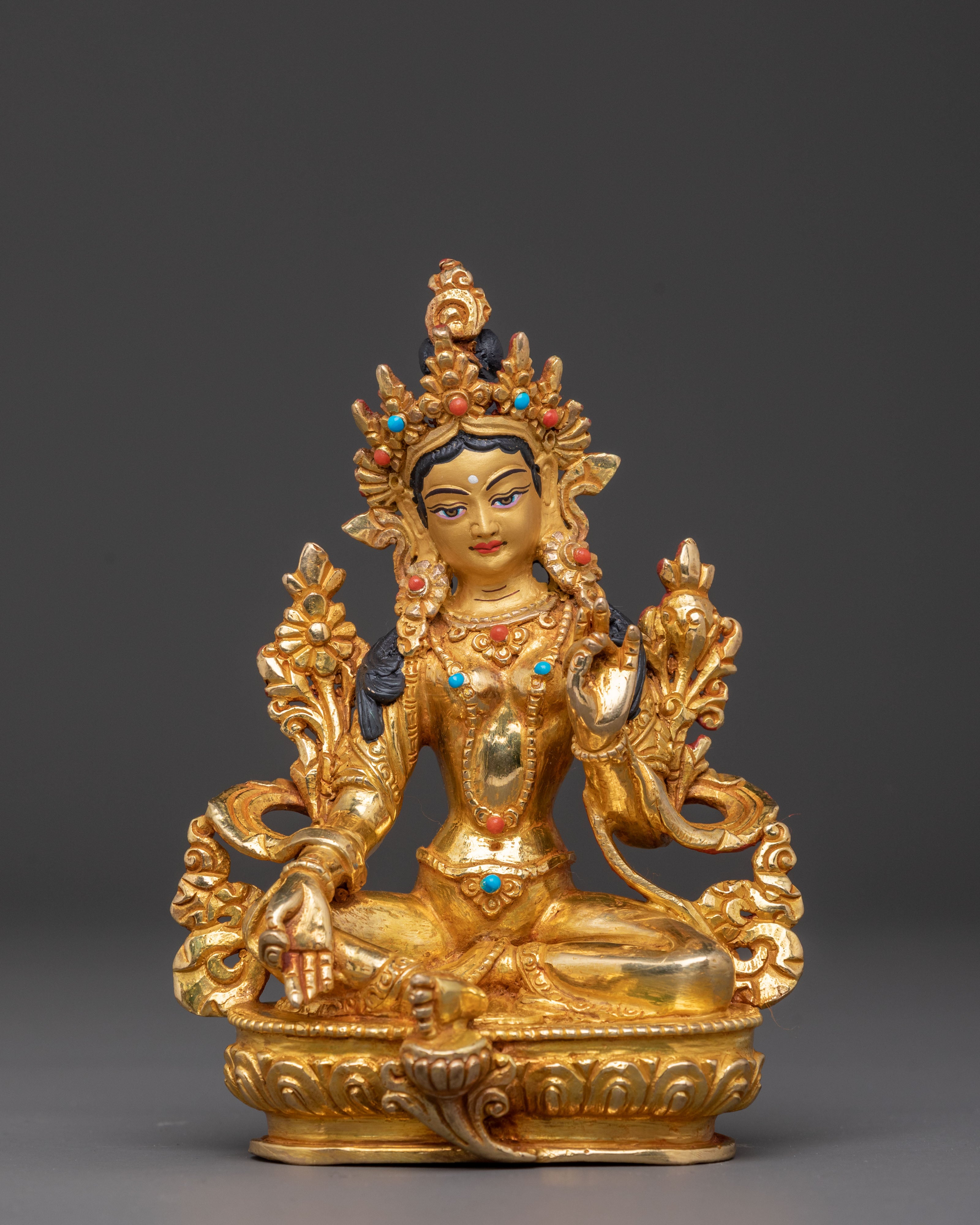 Green Tara Compassion Bodhisattva Statue: Serene Gilded Copper