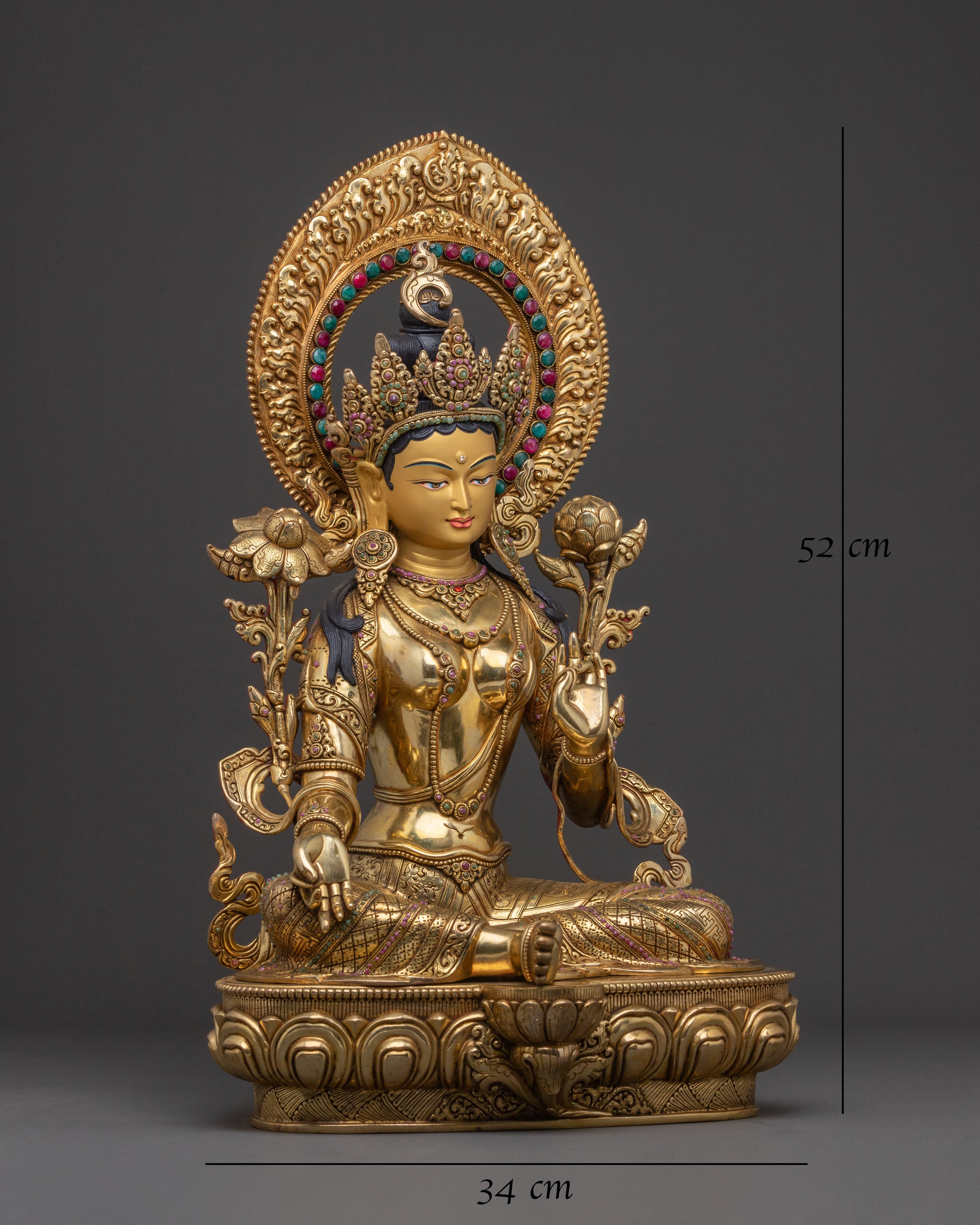 Sacred Statue of Green Tara: Exquisite 24K Gold Gilded