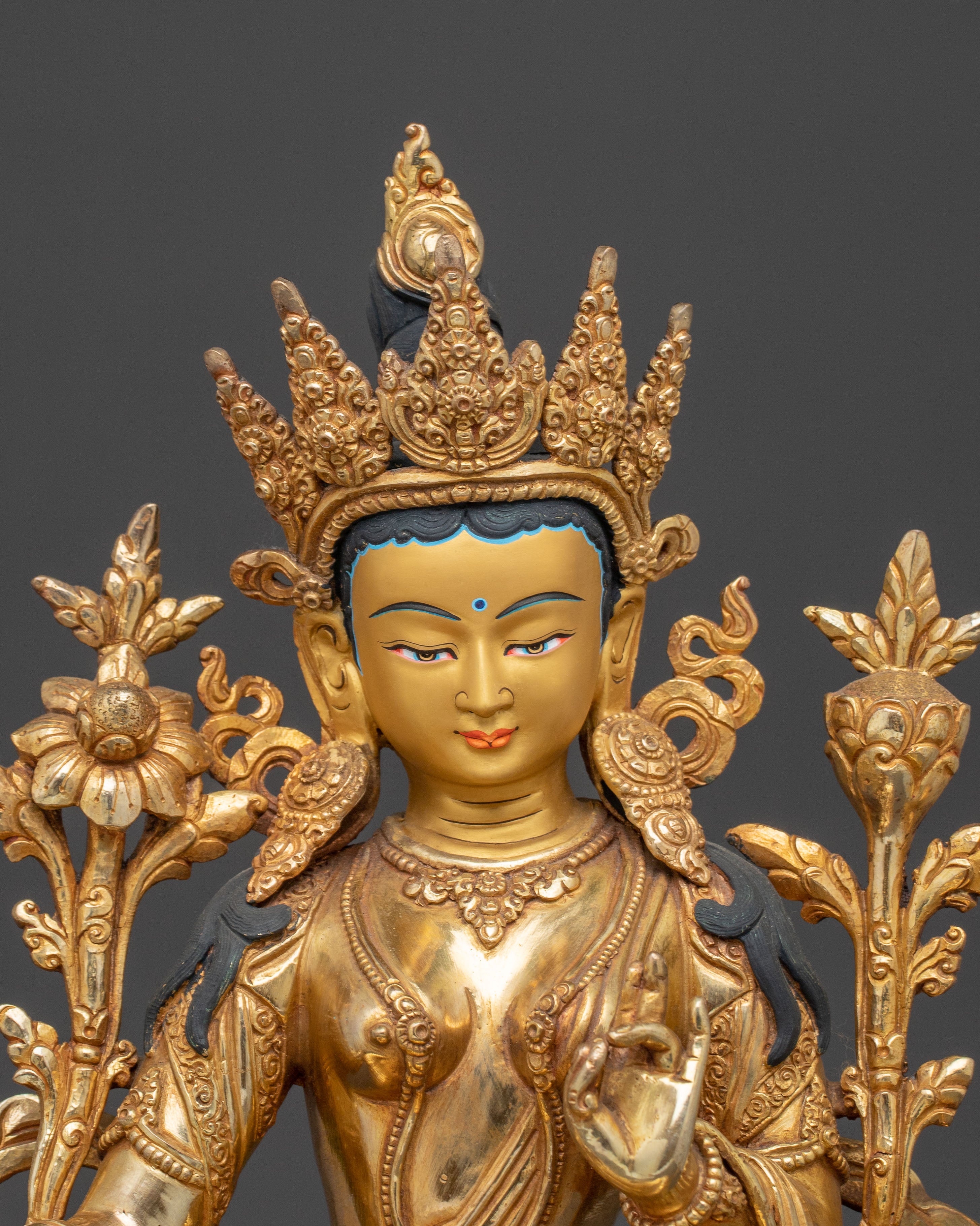 Sacred Compassion Goddess Green Tara Statue – 24K Gilded Radiance