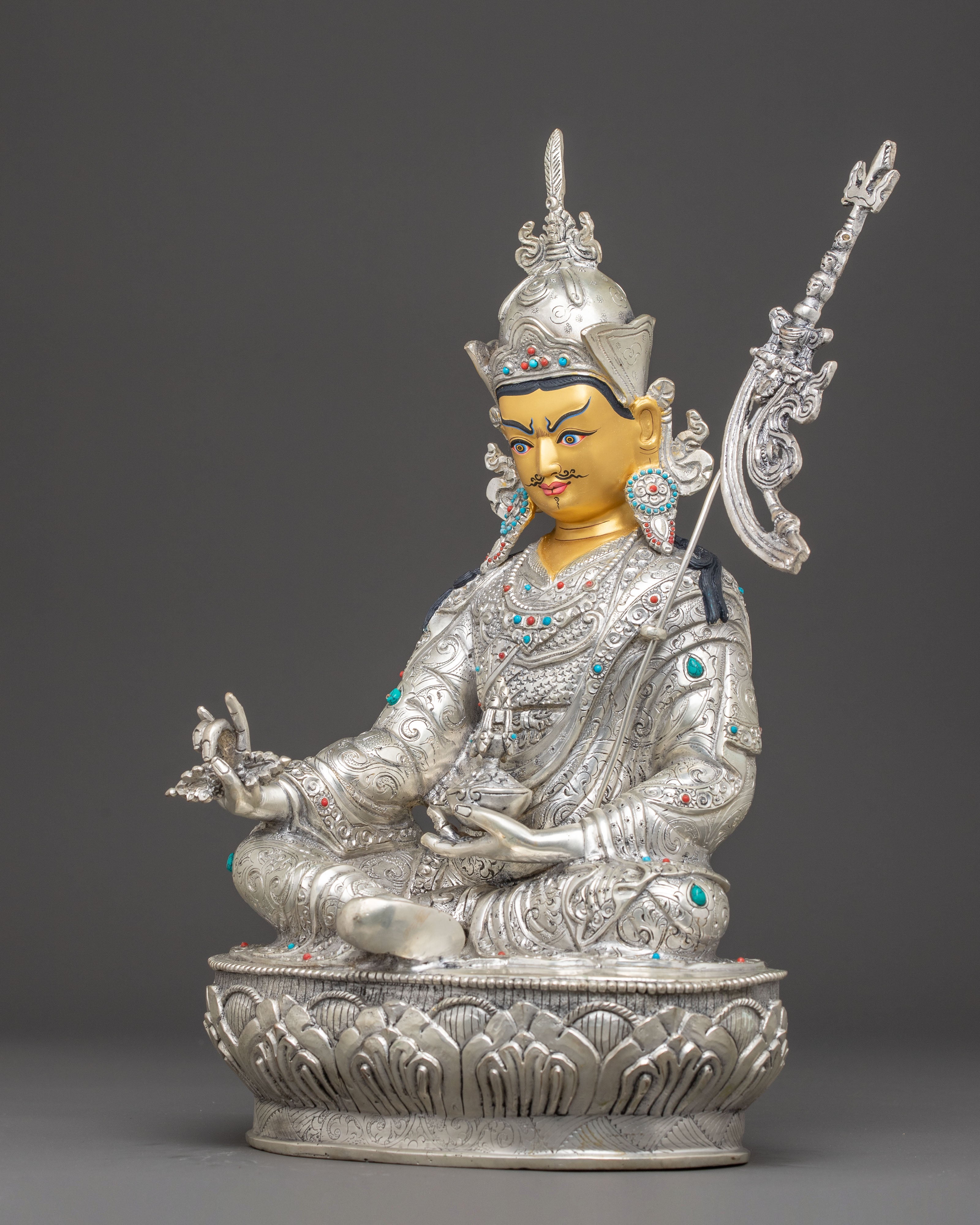 Silver Electroplated Guru Rinpoche Statue | Tantric Master