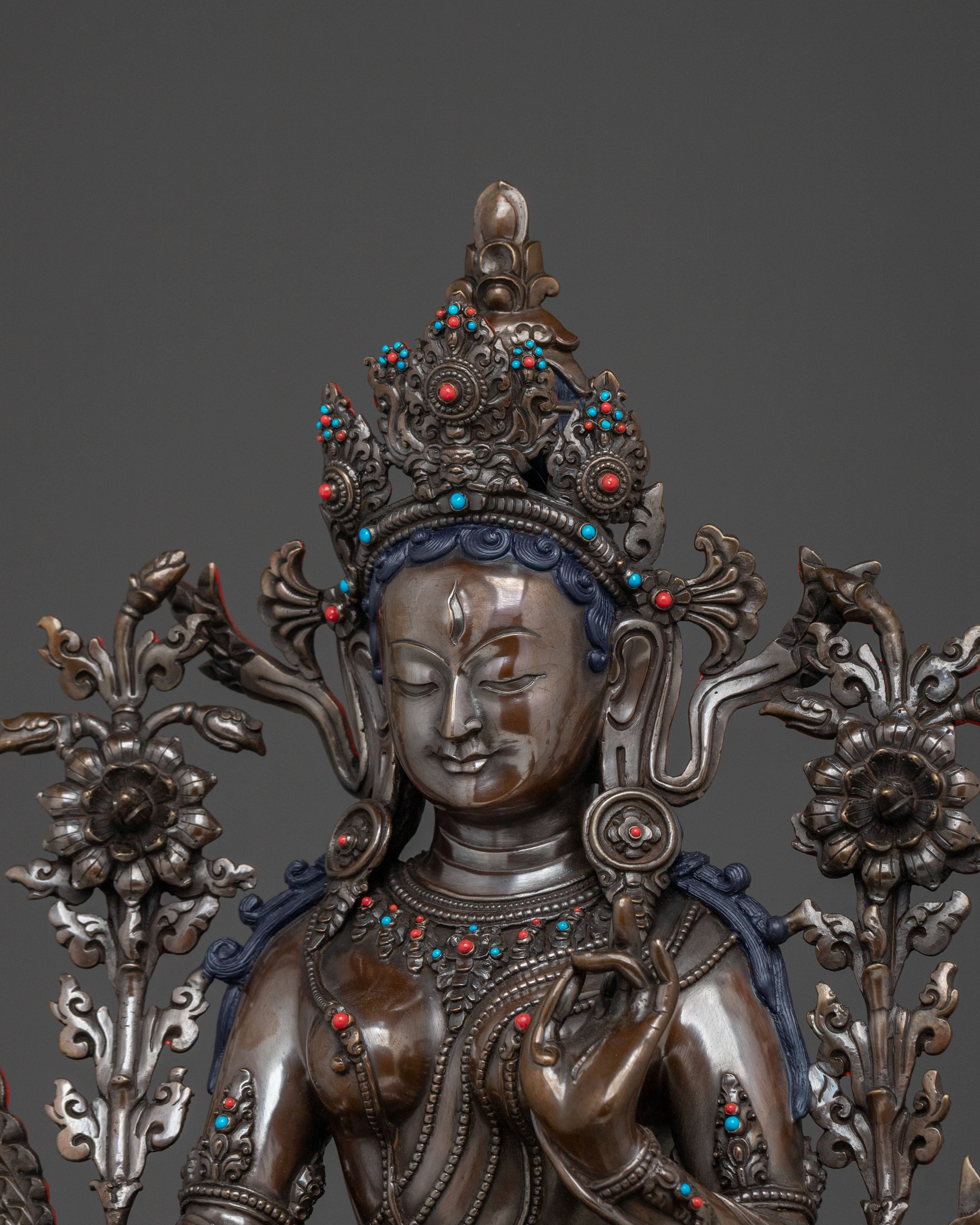 White Tara Statue: Oxidized Copper Goddess