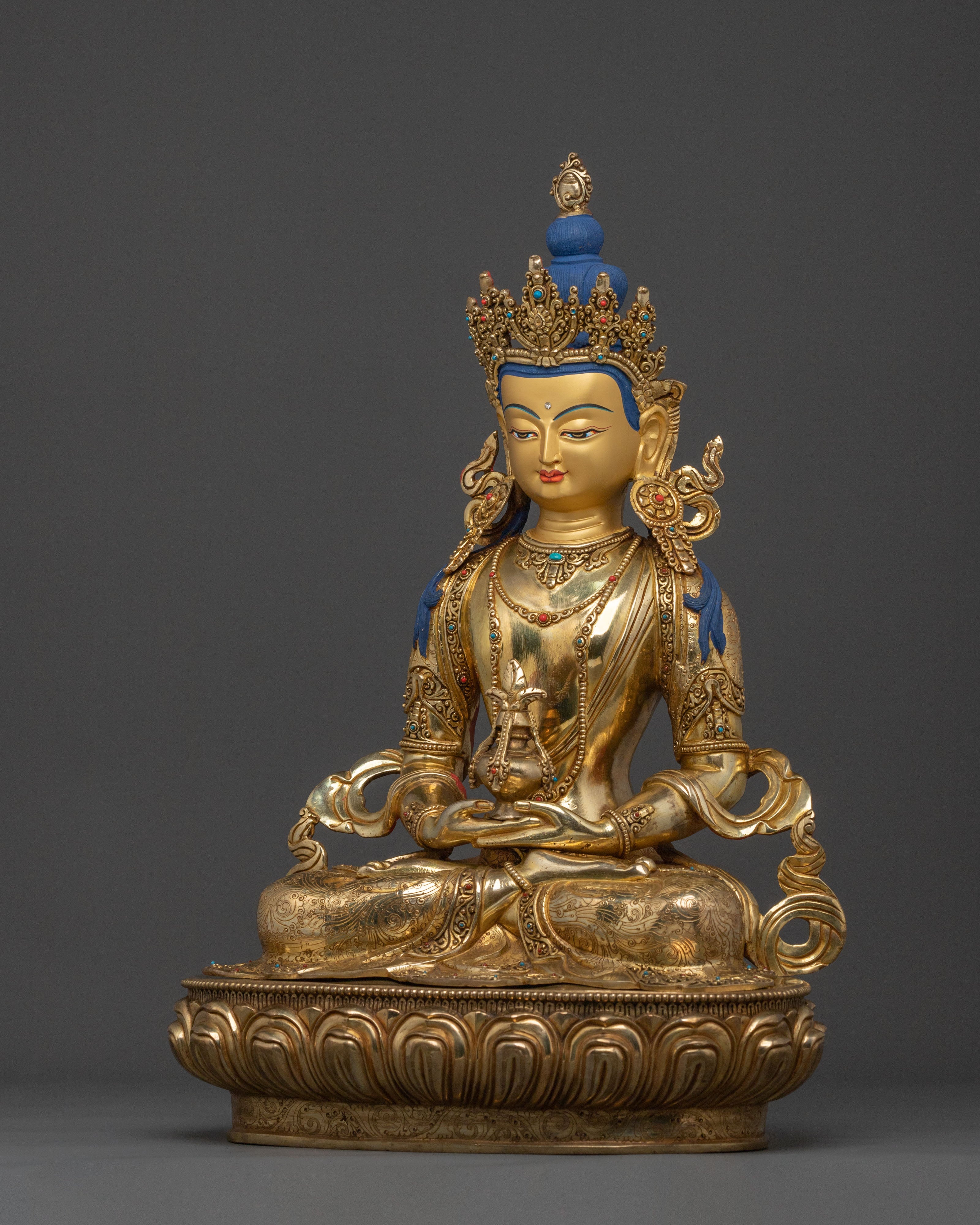 Tibetan Amitayus Traditional Sculpture in 24K Gold