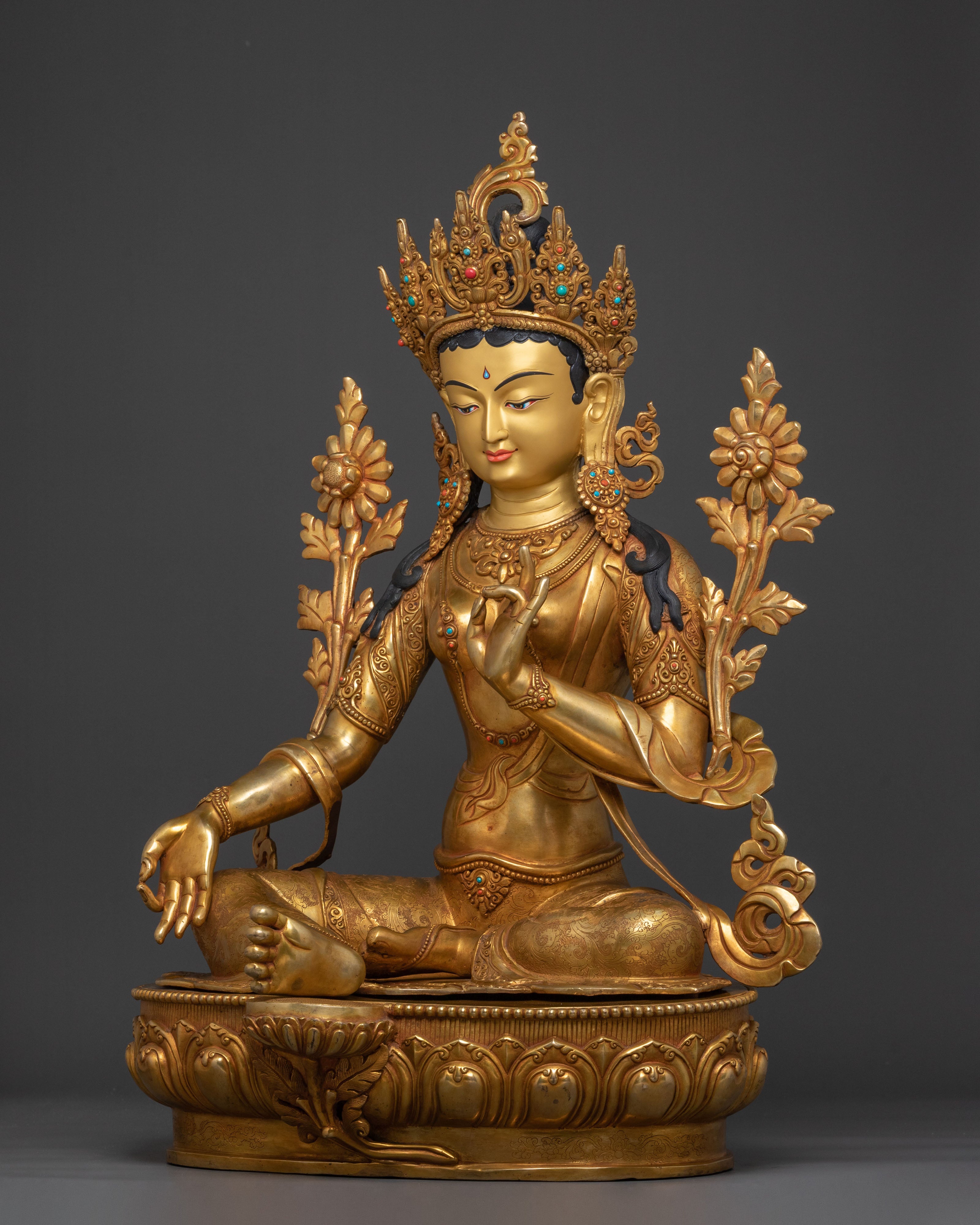 Green Tara Statue | 24K Gold Gilded Serenity