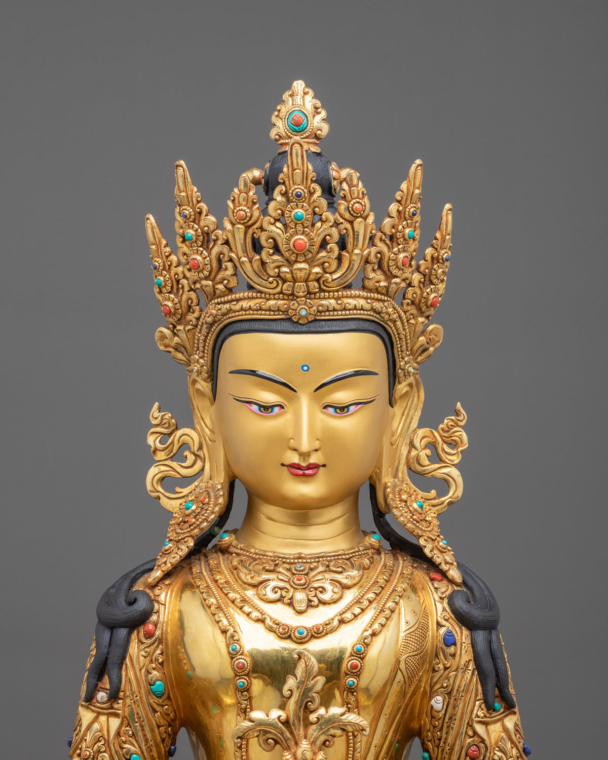 Amitayus Sculpture | Gemstones Adorned Copper Figurine