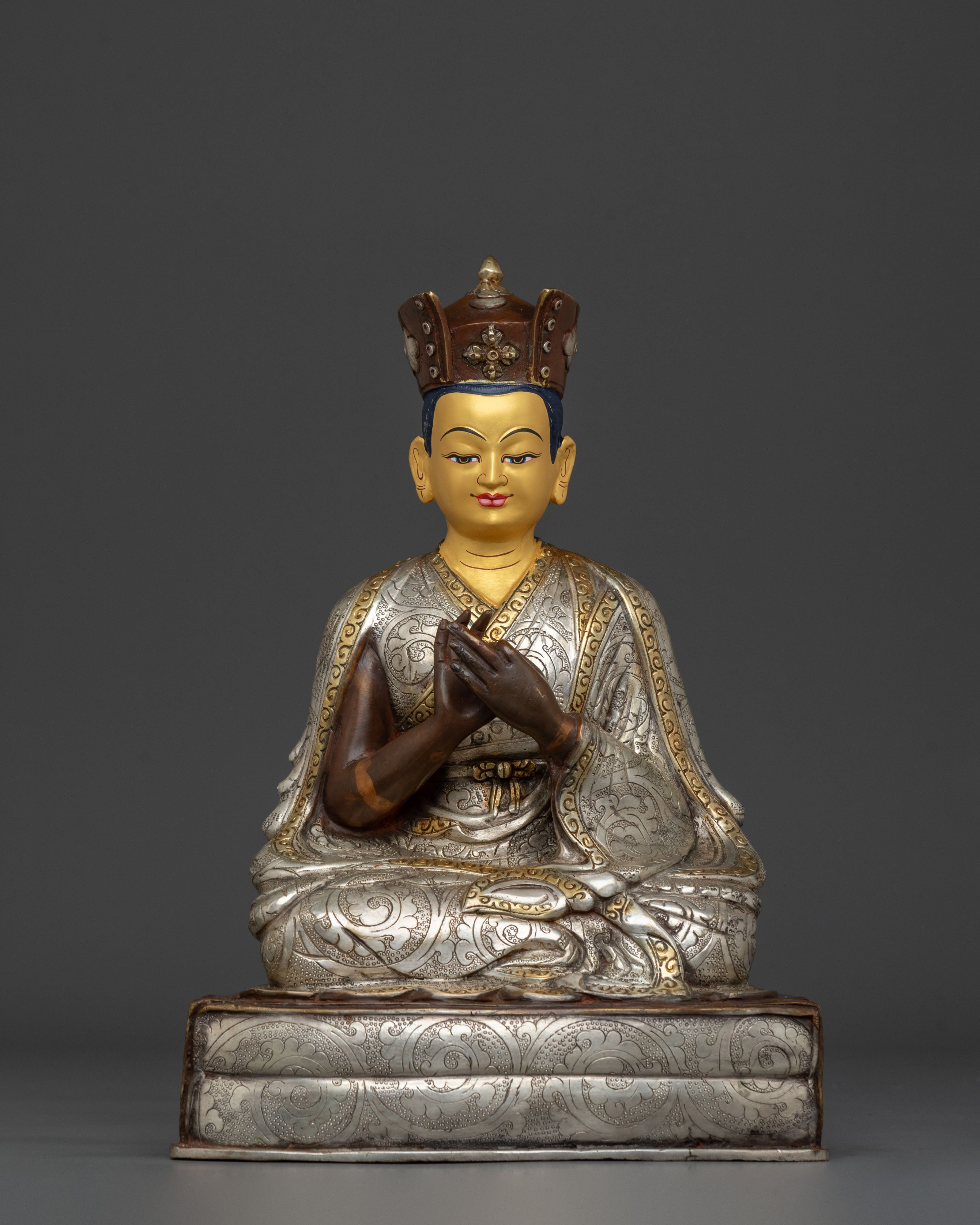 Buddhist Master Karmapa Sculpture: Handcrafted Gold and Silver Gilded Art
