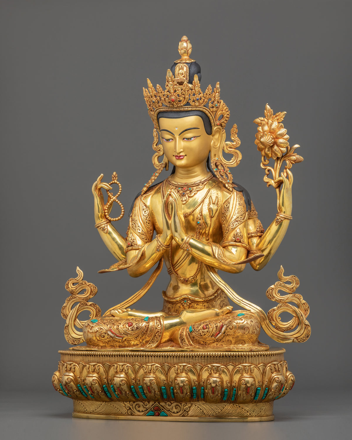 Four-Armed Chenrezig Statue | Exquisite 24K Gold Gilded Sculpture