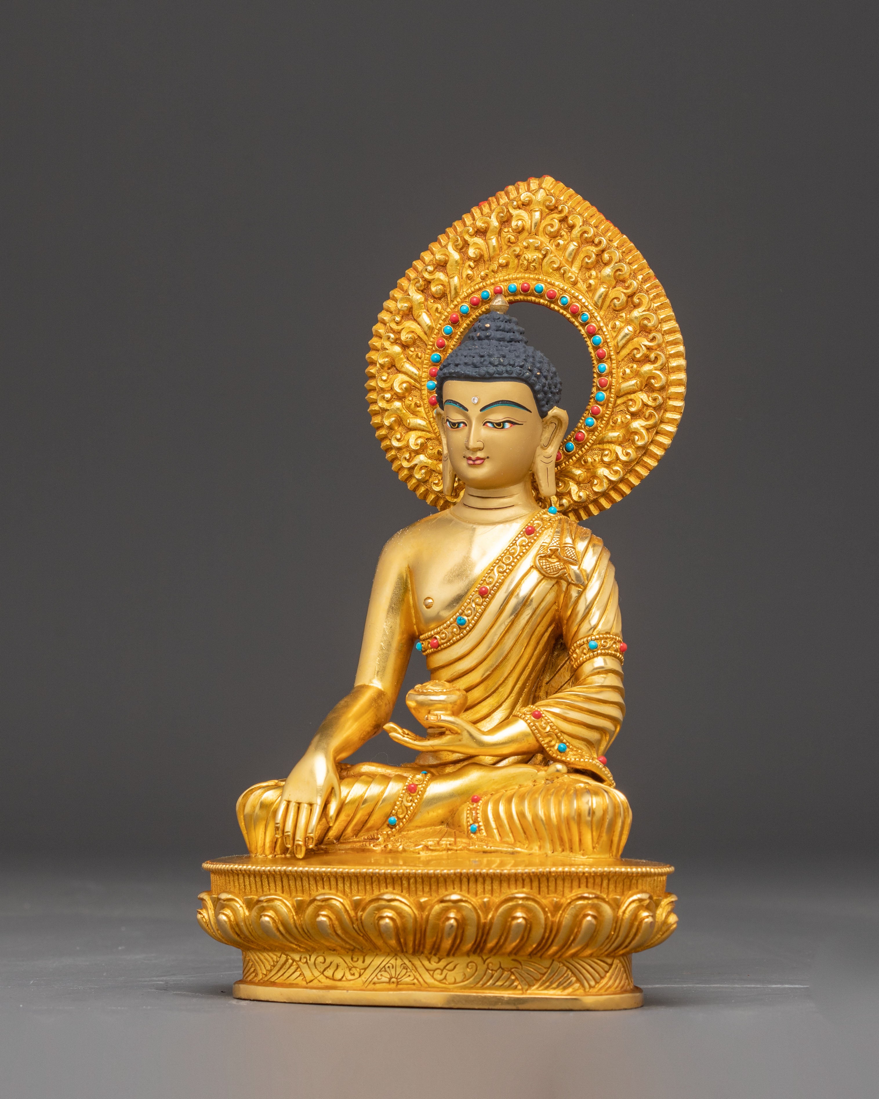 Himalayan Handmade Three Buddha Statue Set: 24K Gold Gilded