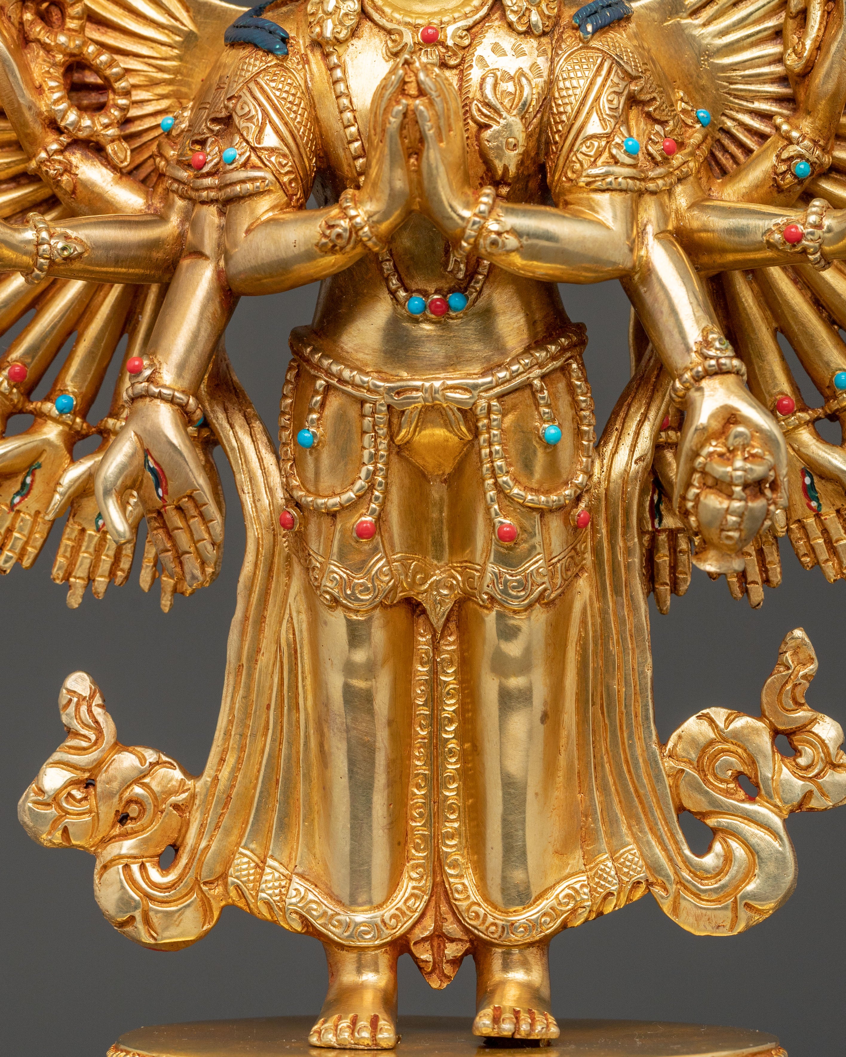 1000 Armed Chenrezig Statue | 24k Gold Glided with Gemstone Inlay
