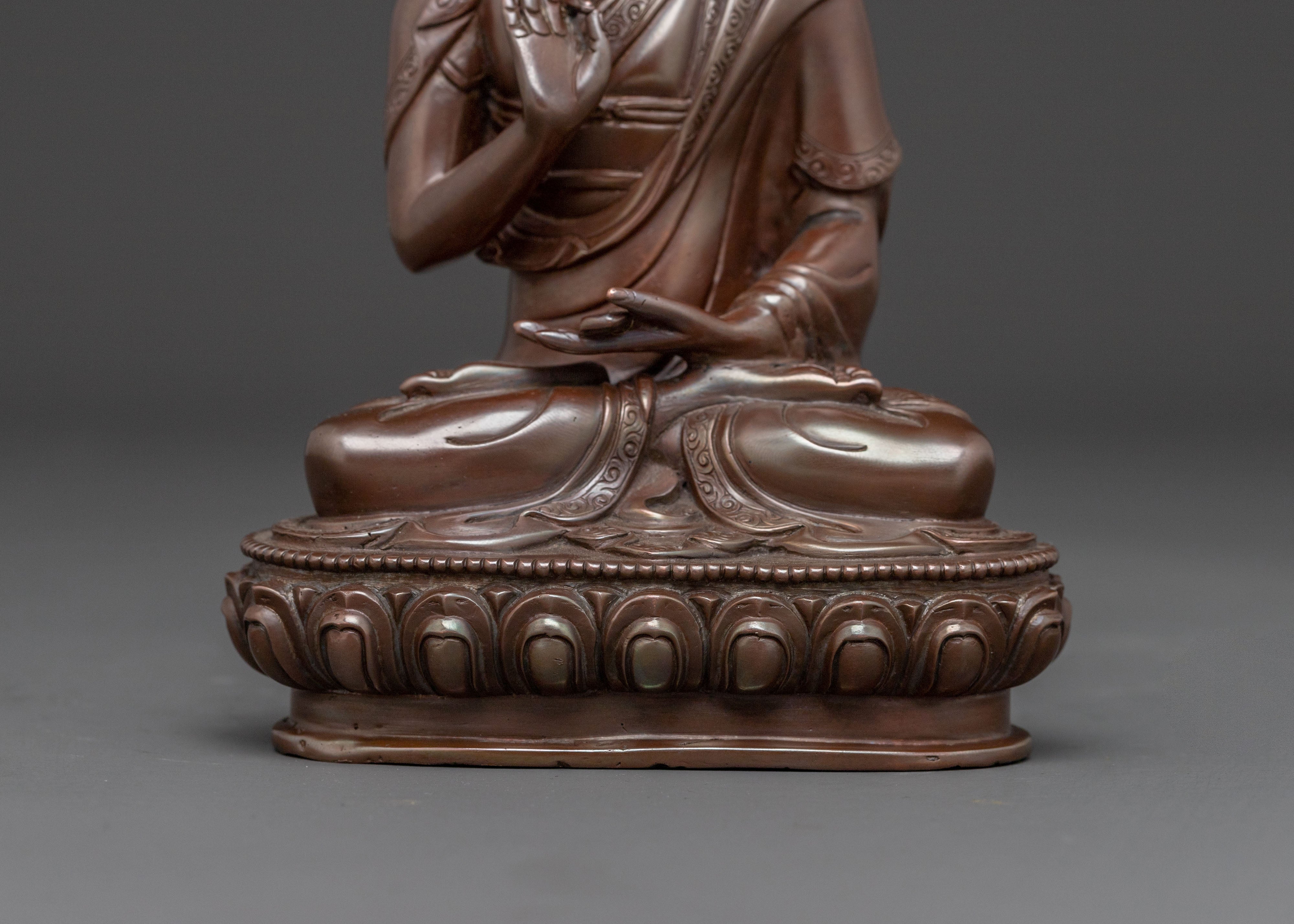 Tsongkhapa Copper Statue with Disciples: Oxidized Finish