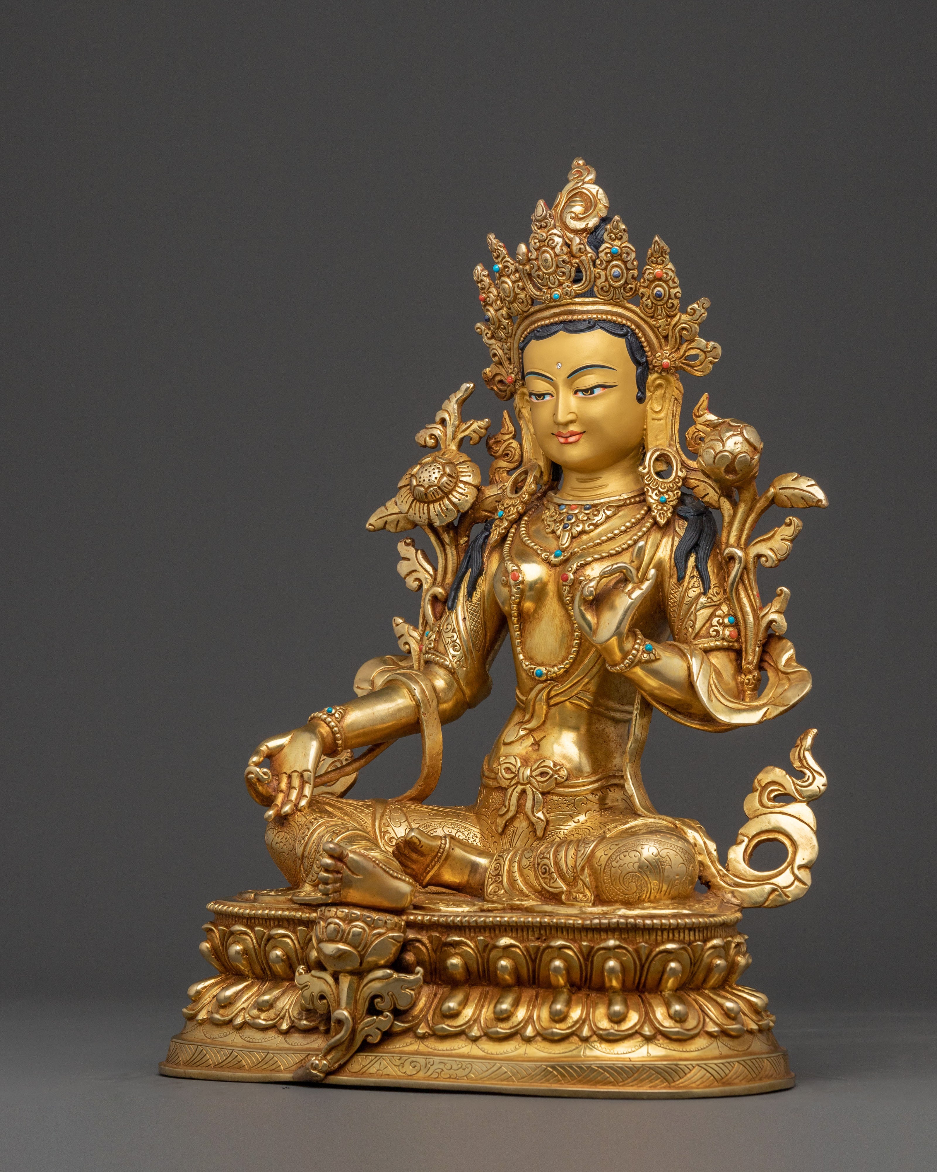 Green Tara Enlightened Mother Statue - 24K Gold Gilded