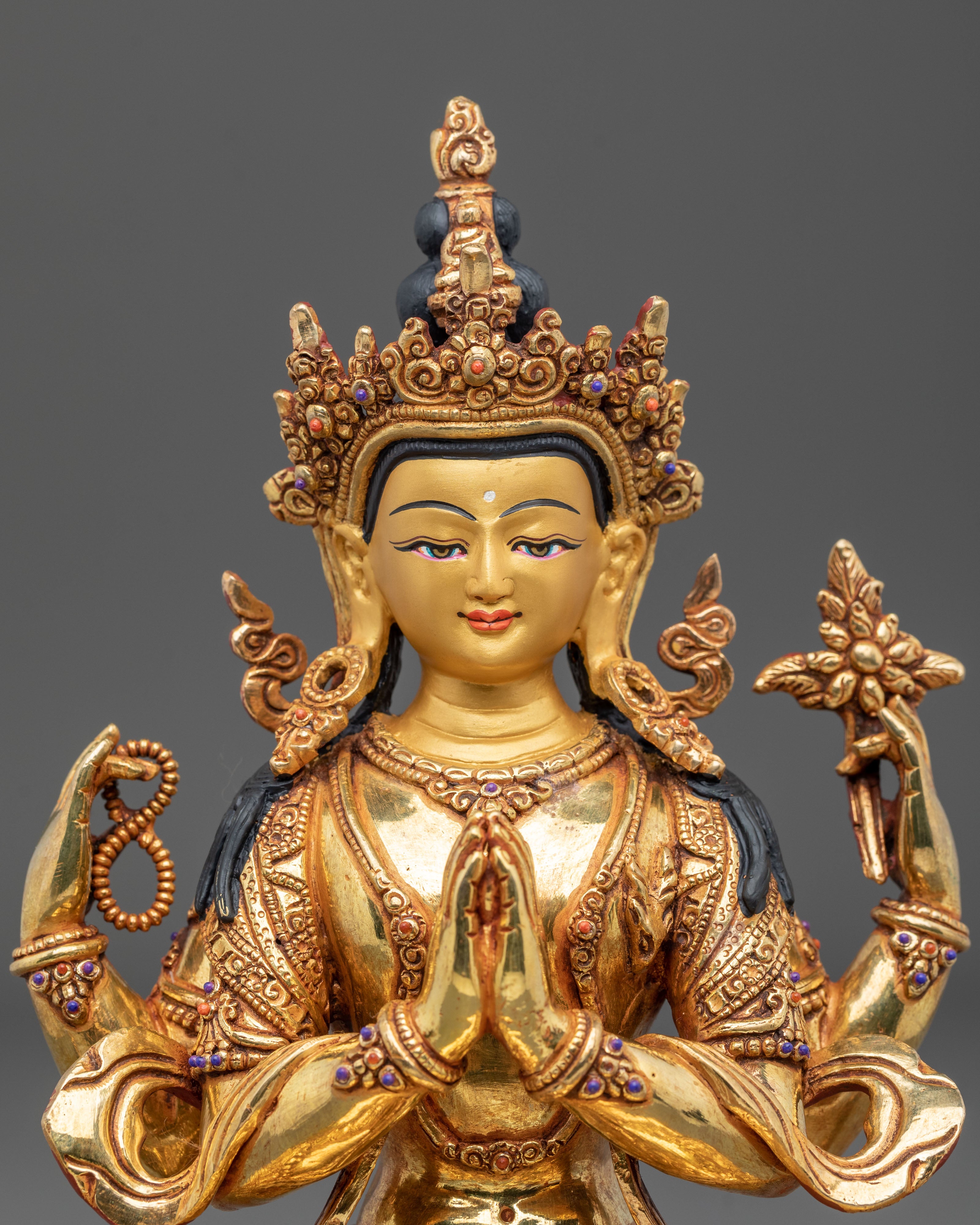 24K Gold-Plated Chenrezig Statue | Exquisite Copper Figurine