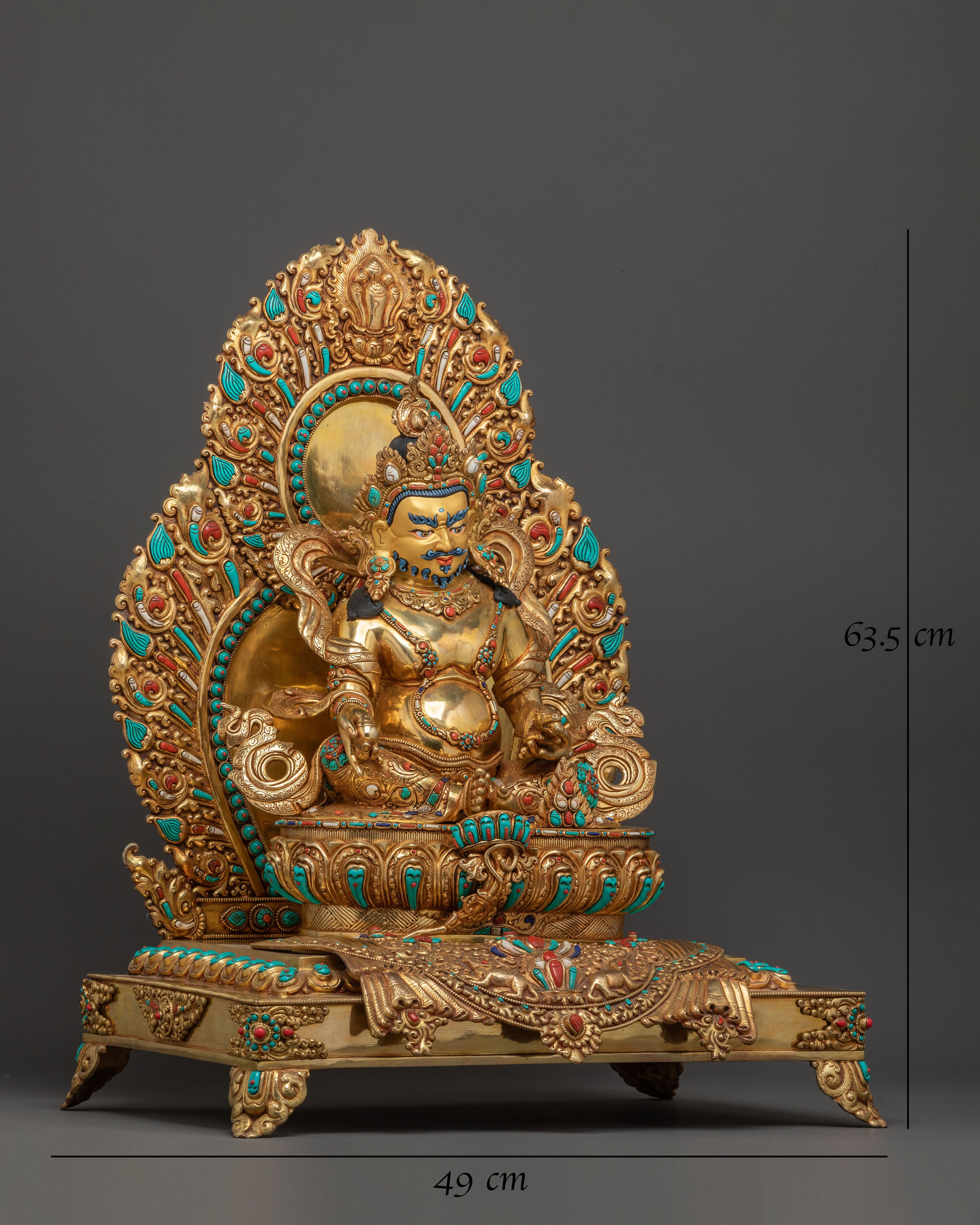 Majestic Dzambhala on Throne Handmade Statue – 24K Gold Gilded