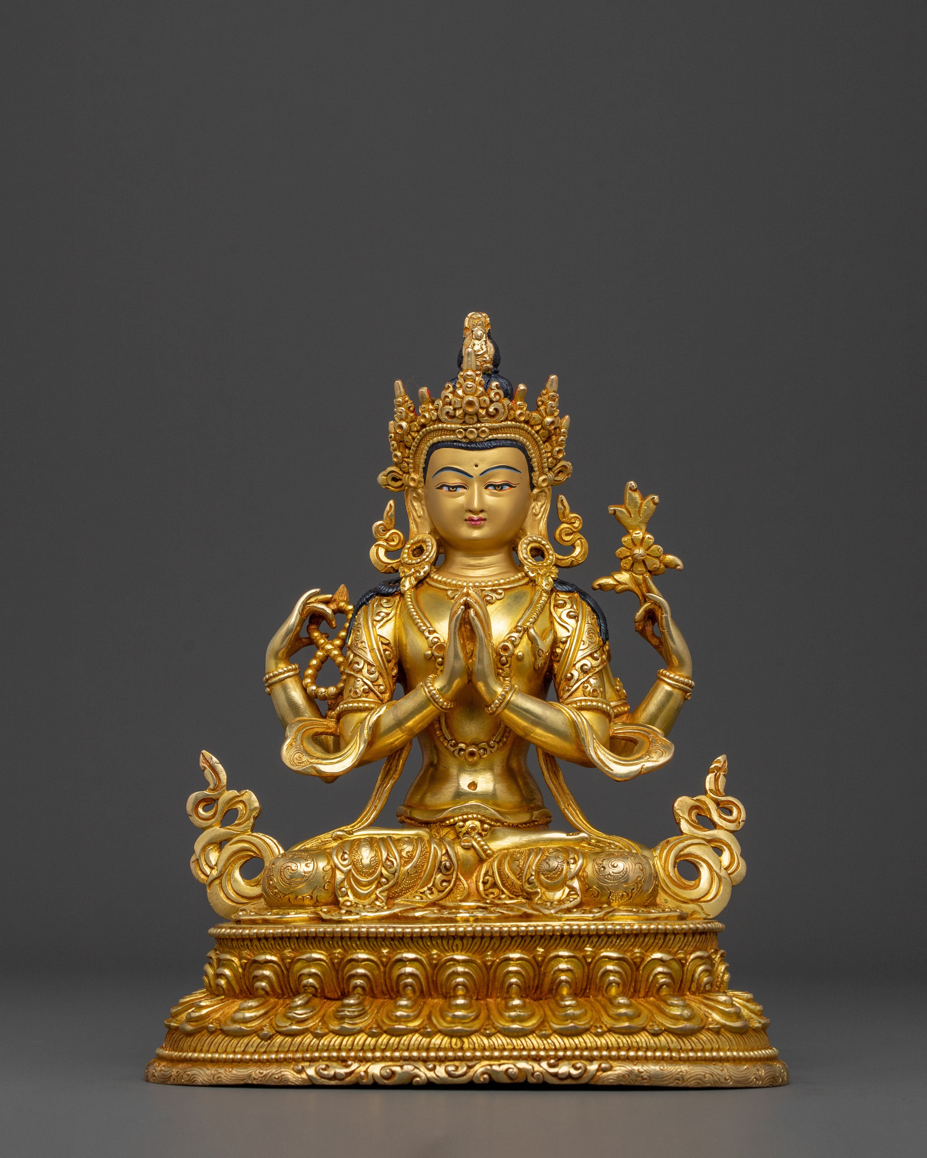 Sacred Chenrezig Four Armed Compassion Statue | 24K Gold Gilded
