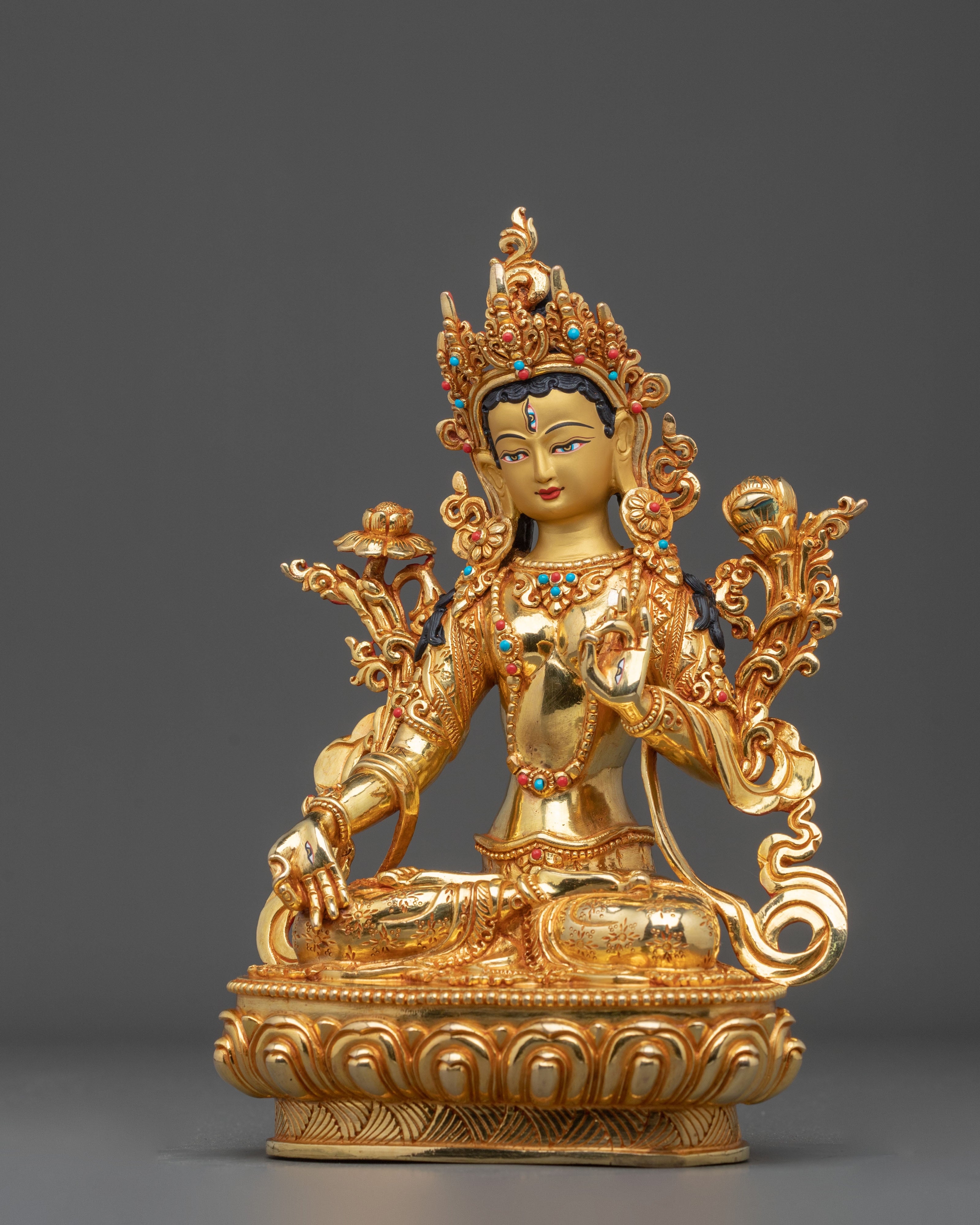 Tibetan White Tara Goddess Sculpture | 24K Gilded Serenity