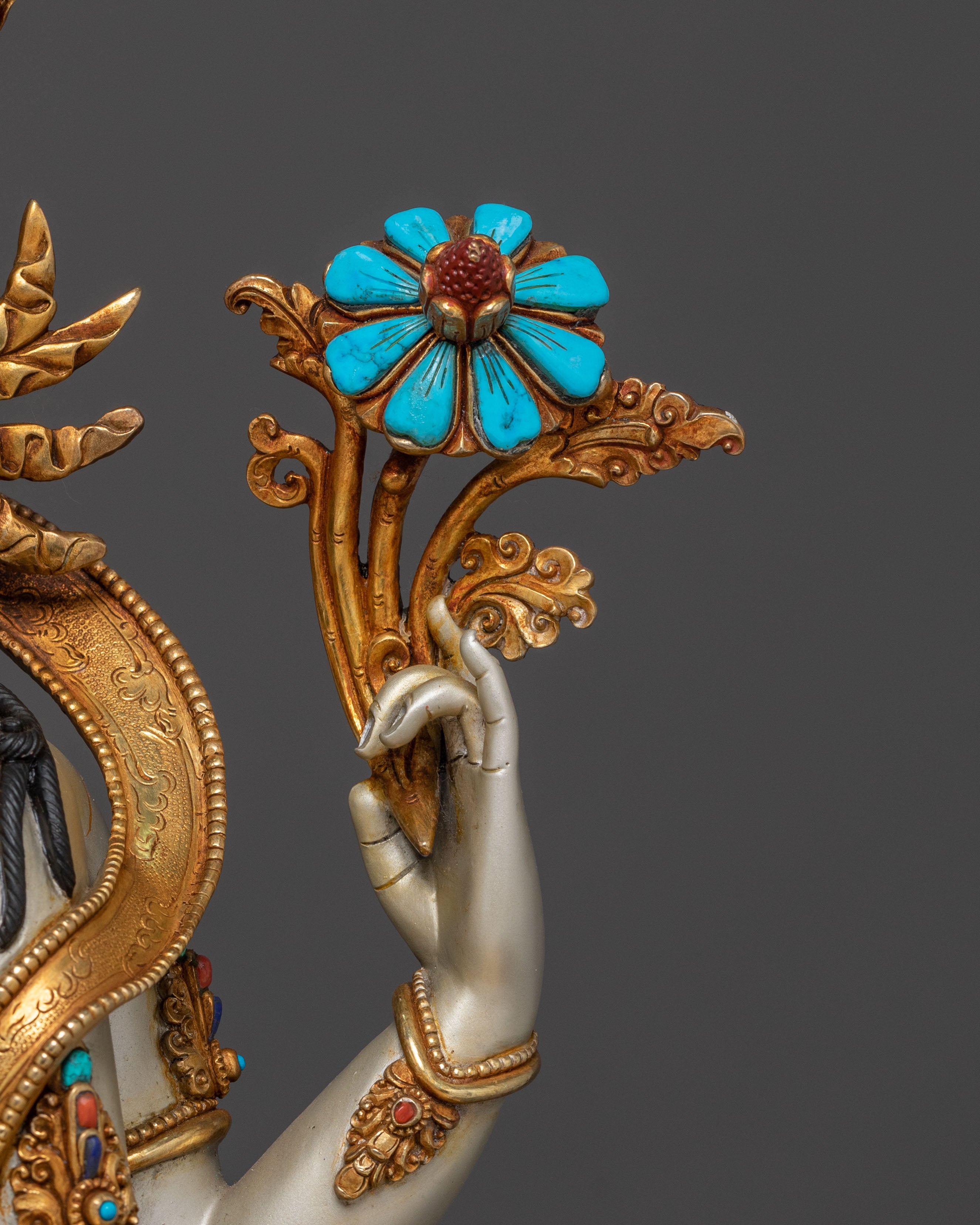 Majestic Chenrezig on Throne Statue with 24k Gold Glided and Gemstones Inlays