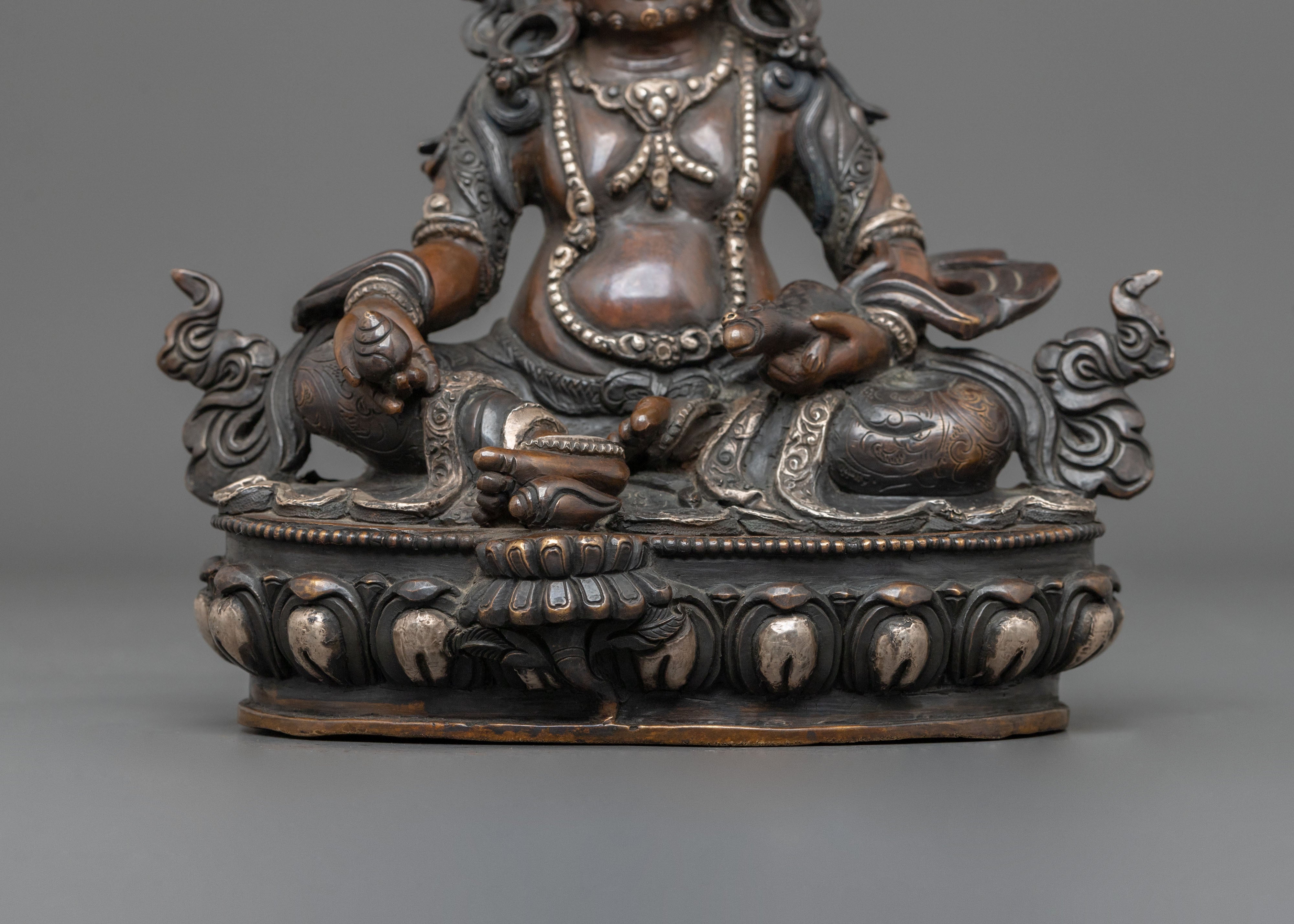 Dzambhala Statue in Oxidized Copper with Silver Plating