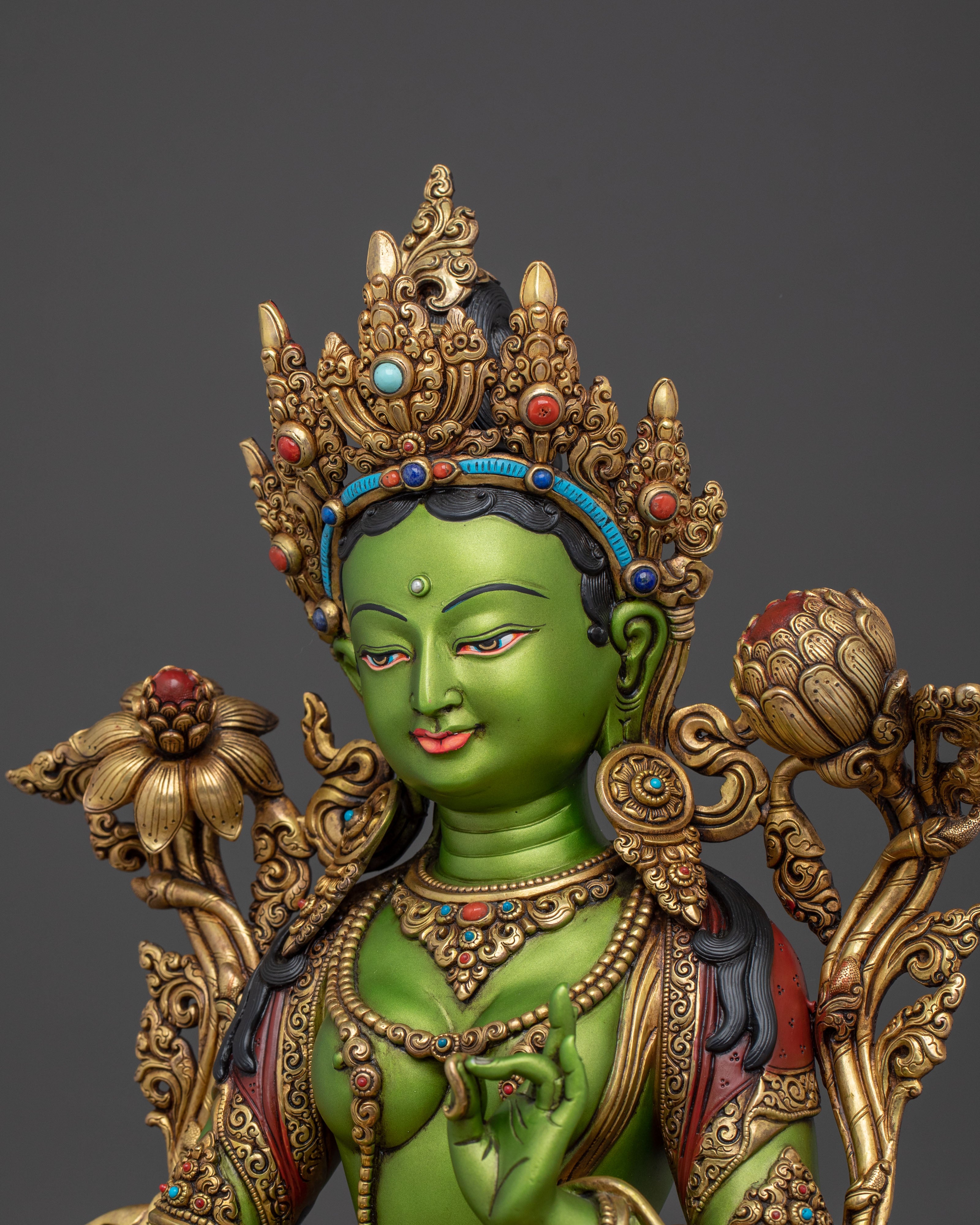 Mother Green Tara Sacred Sculpture in Gilded Copper