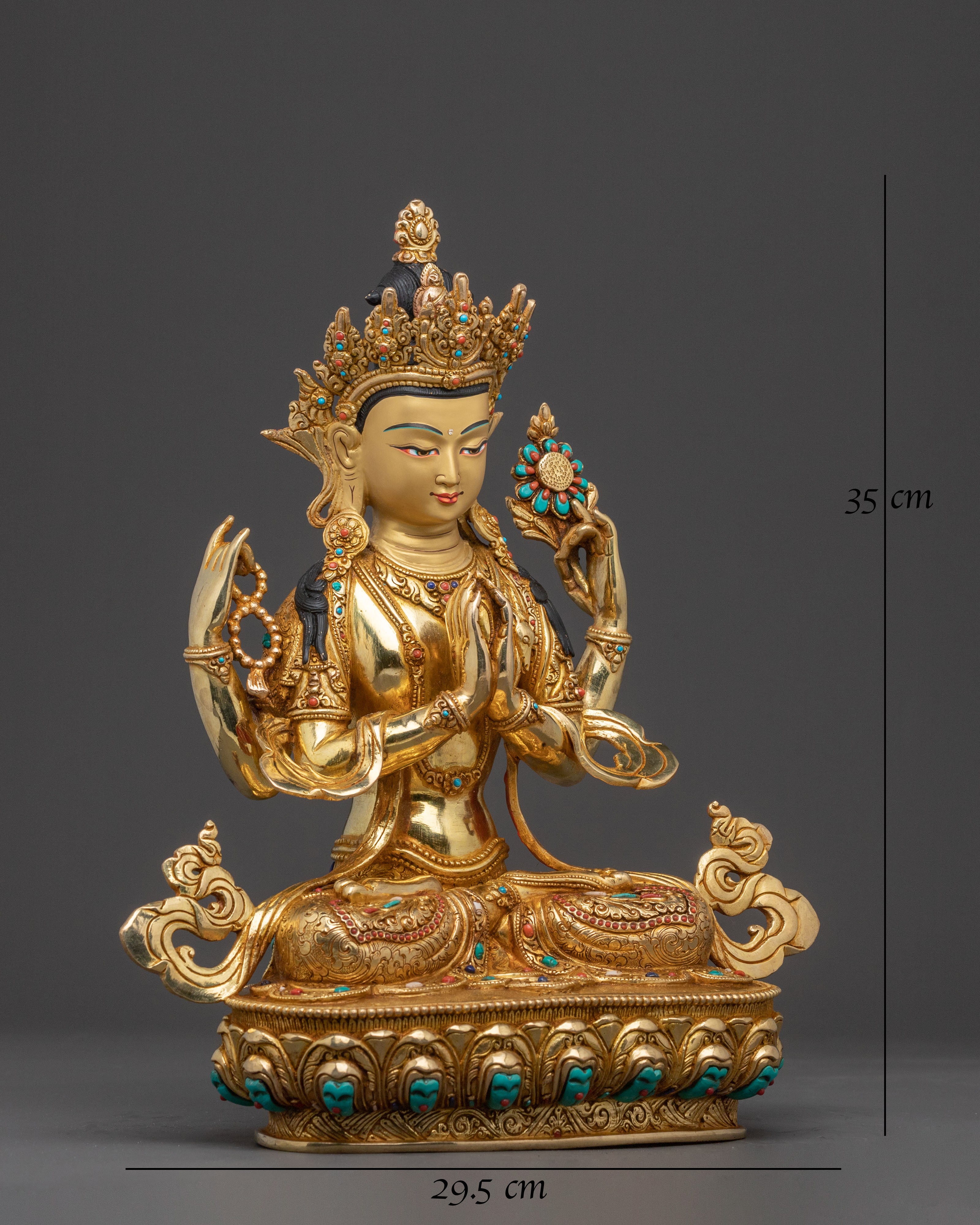 24K Gold Gilded Copper Chenrezig Statue | Patan Artistry