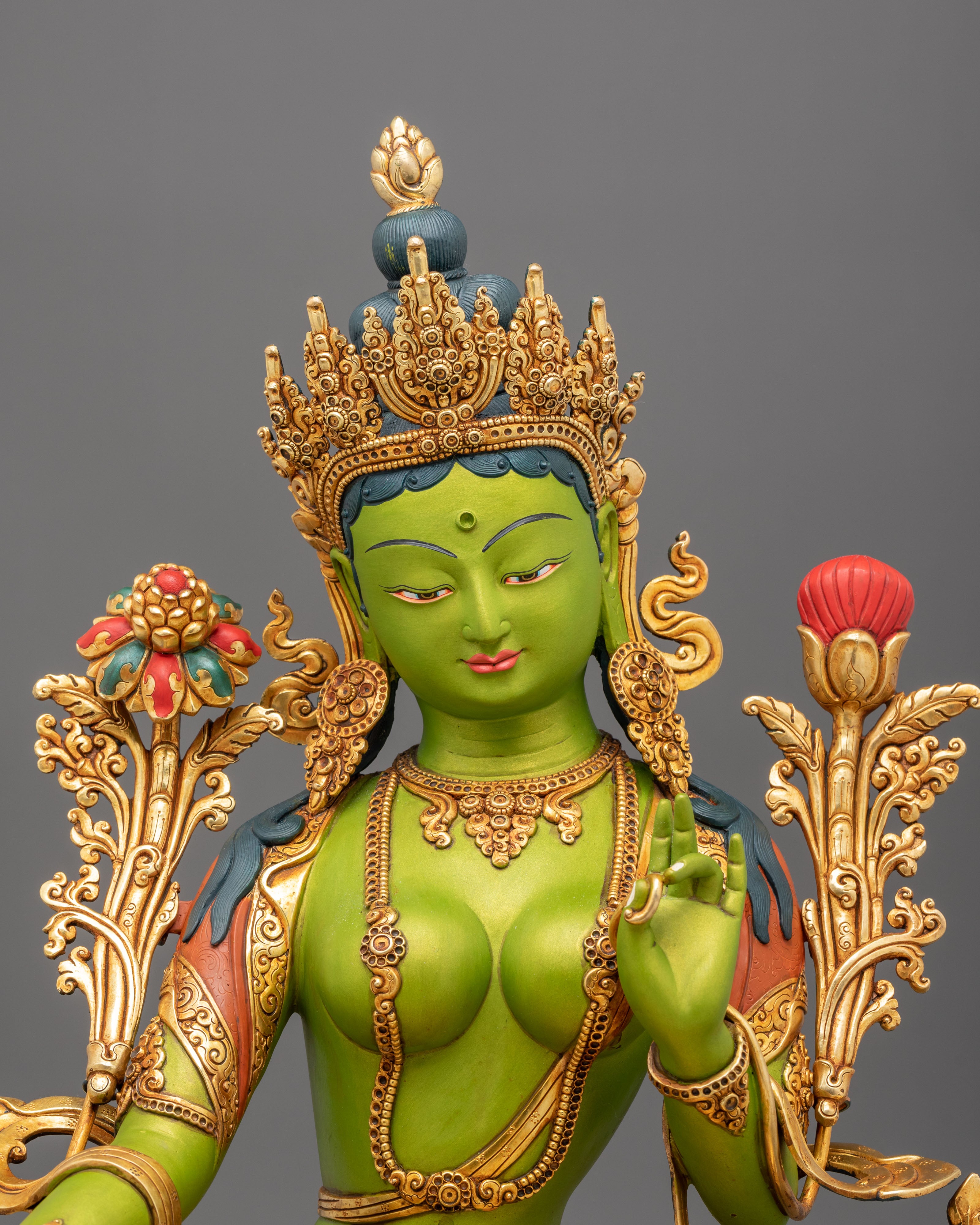 Green Tara Statue | Gold and Acrylic Painted Figurine