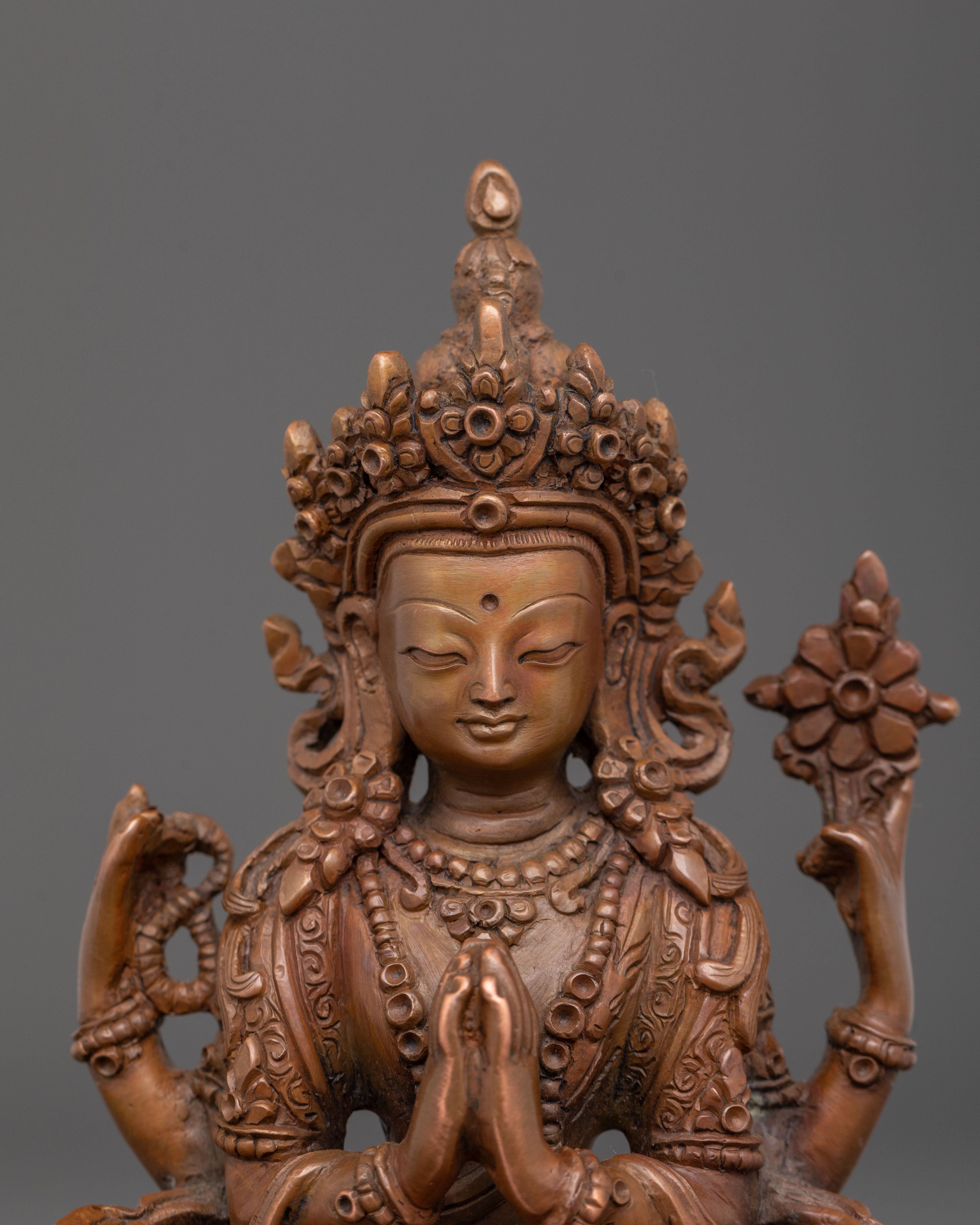 Four-Armed Chenrezig Oxidized Statue | Home Decor
